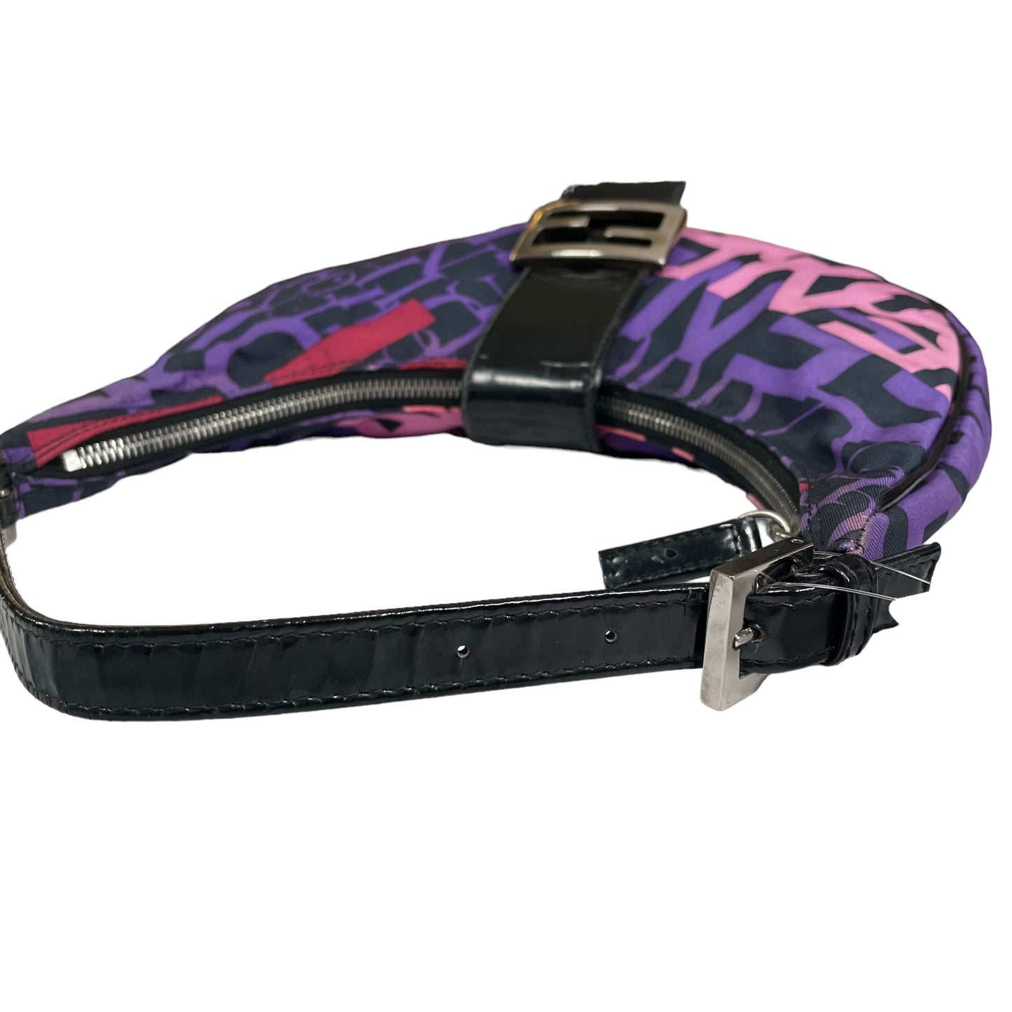 Fendi FF Croissant Graffiti Monogram Purple Black Patent Leather Sterling Shoulder Purse