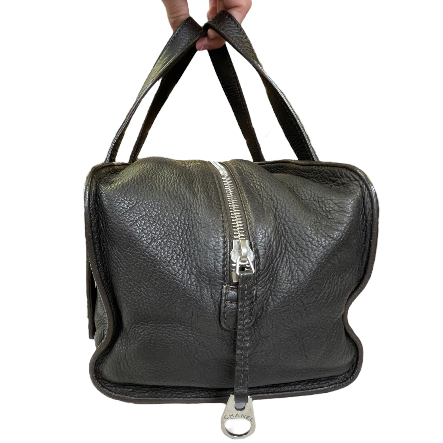 Chanel CC Deerskin Bowler Boston Dark Brown Studded Bolt Tote Hand Bag