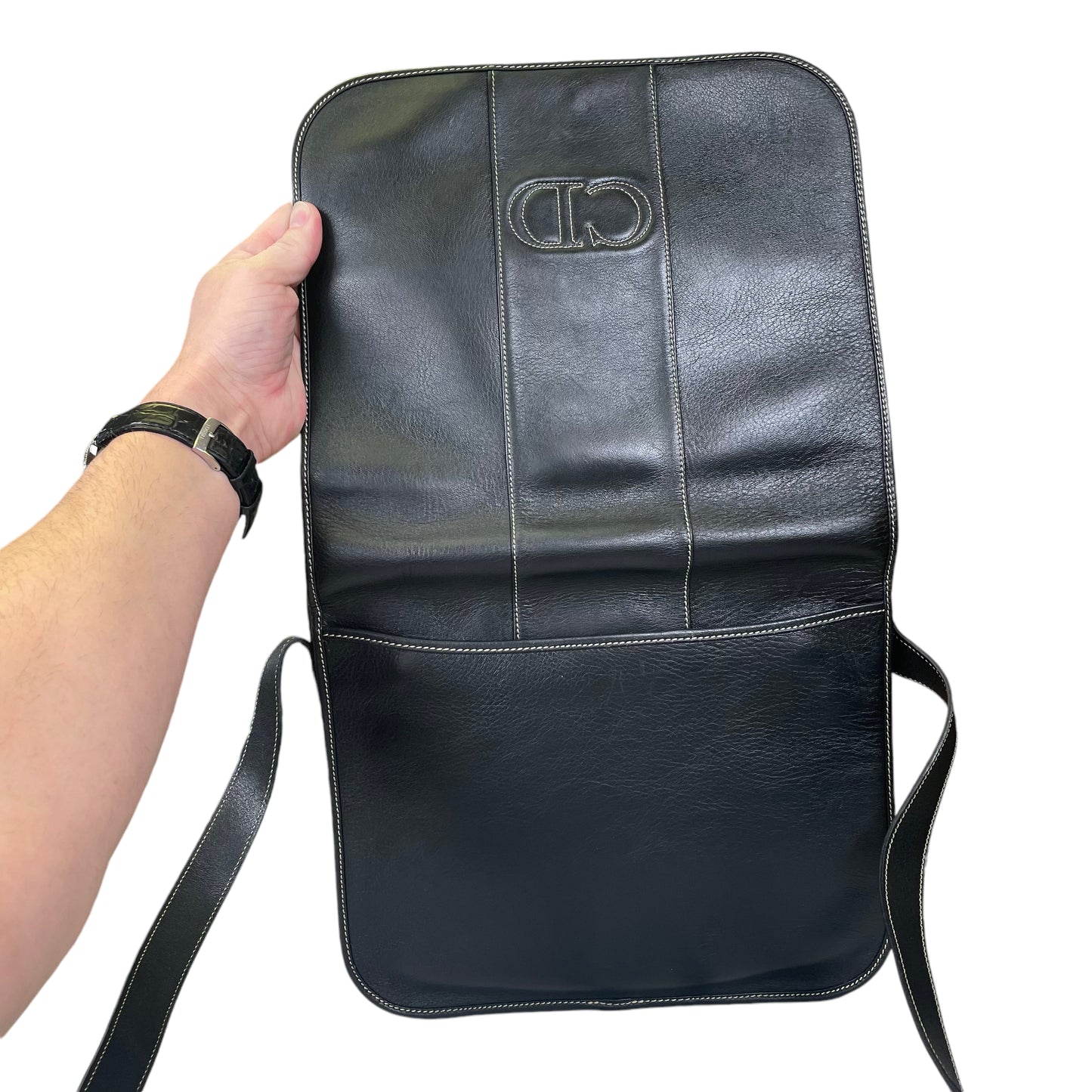 Christian Dior CD Logo Stitched Black Flap Leather Medium Crossbody Shoulder Purse