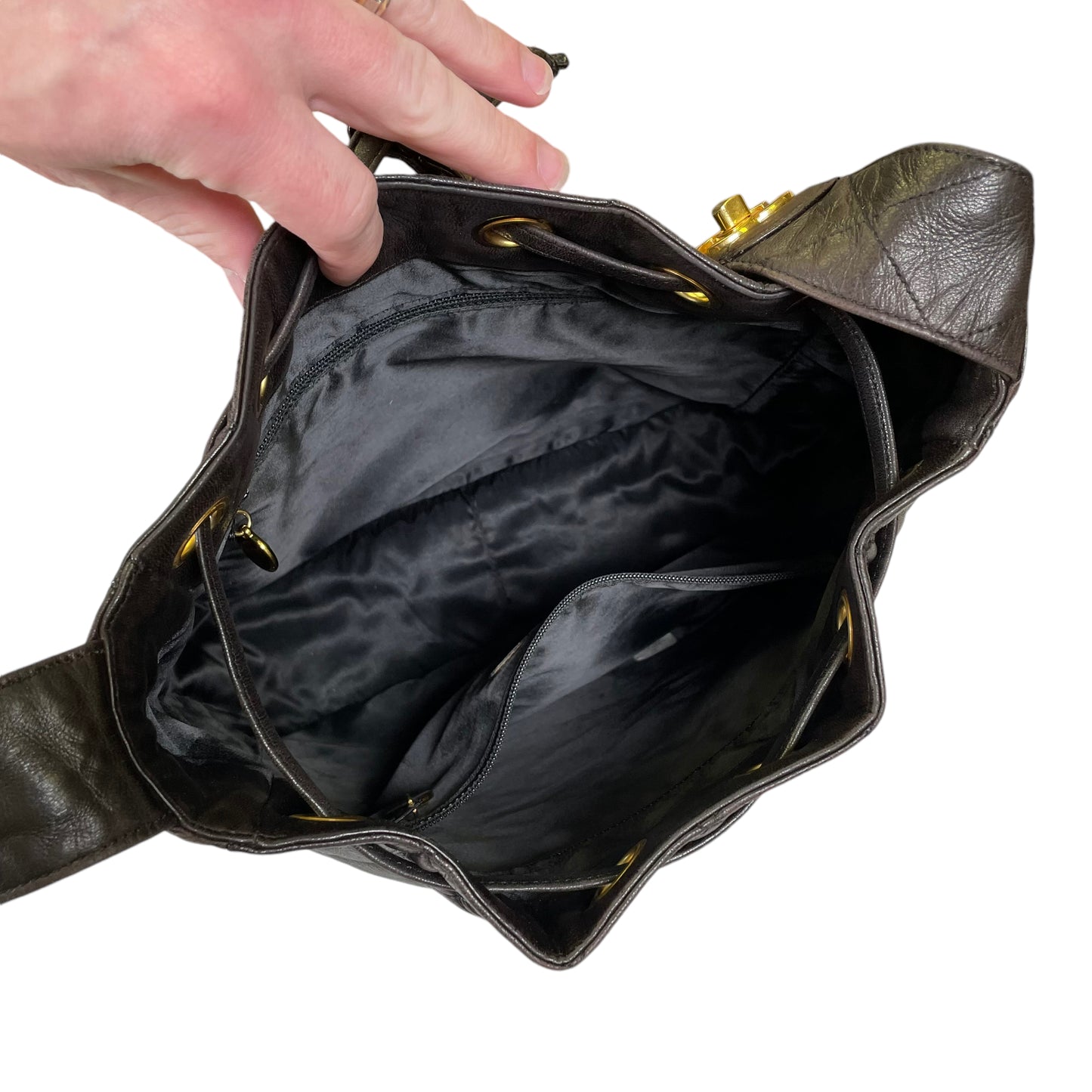 Chanel CC Gabrielle Dark Brown Quilted Lamb Leather Shoulder Hobo Drawstring Shoulder Purse