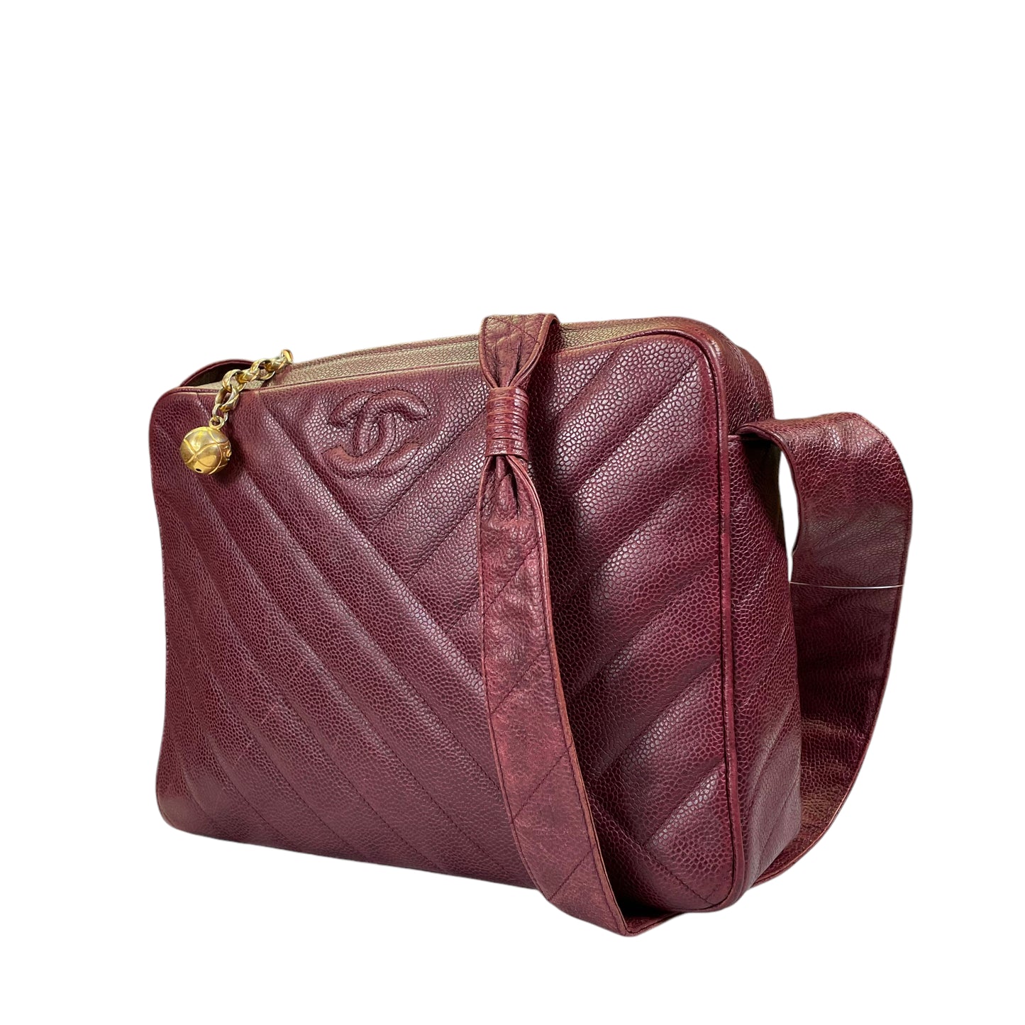 Chanel CC Chevron Caviar Leather Medium Burgundy Camera Shoulder Purse