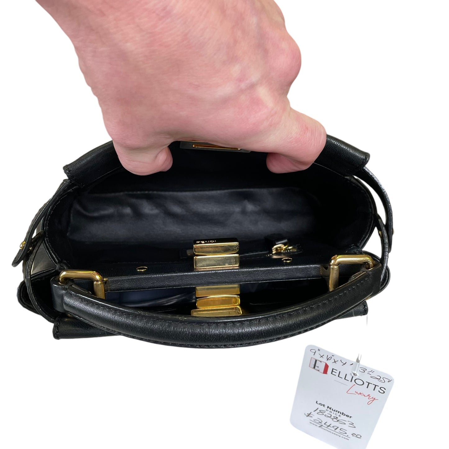 Fendi Peek A Boo Mini Black Lambskin Top Handle Gold Plated Turn Lock 2 Way Purse