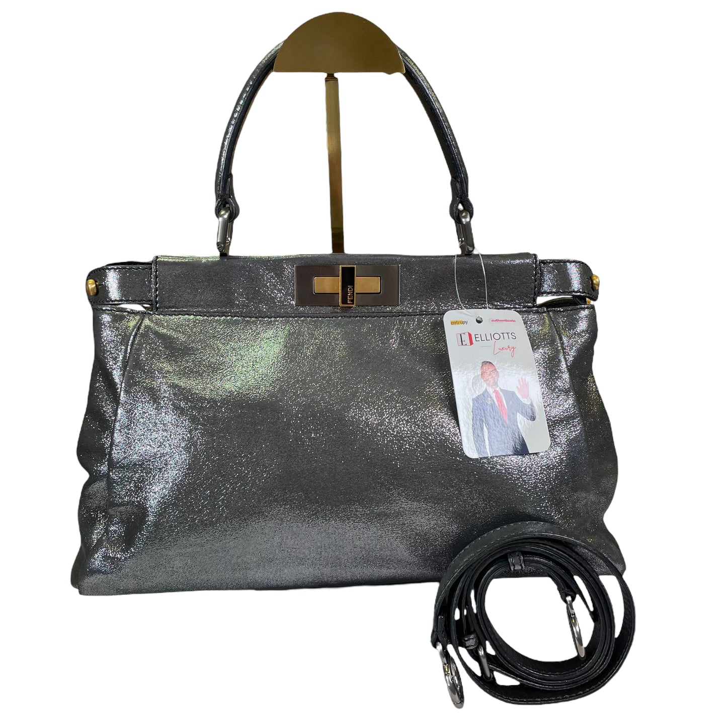 Fendi Peek A Boo Silver Glitter Shimmer Coated Canvas North South 2 Way Top Handle Shoulder Purse
