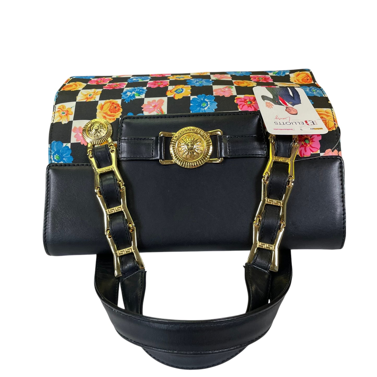 Gianni Versace Sunface Canvas Leather Floral Multi Gold Dual Strap Satchel Top Handle Purse
