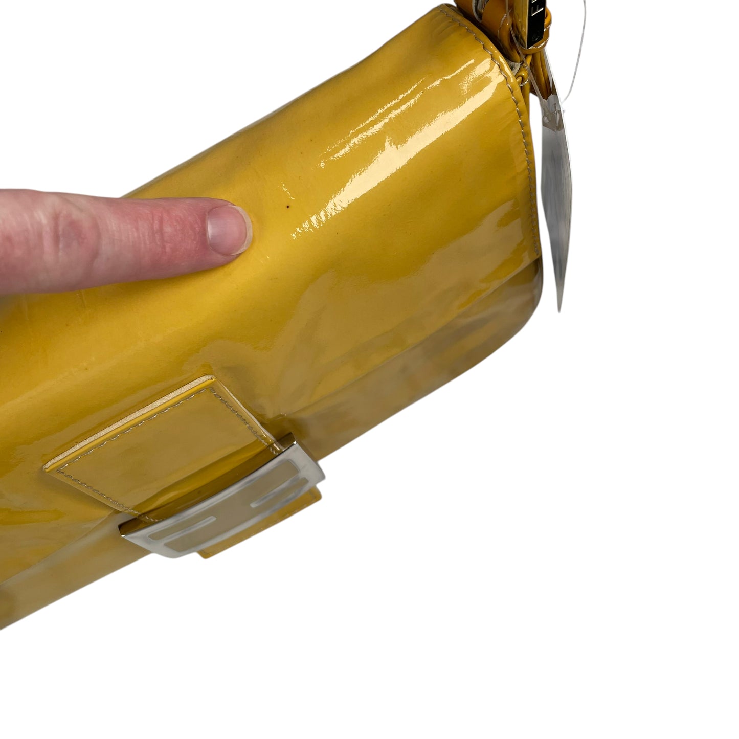 Fendi FF Mustard Yellow Classic Baguette Patent Leather Silver Shoulder Purse