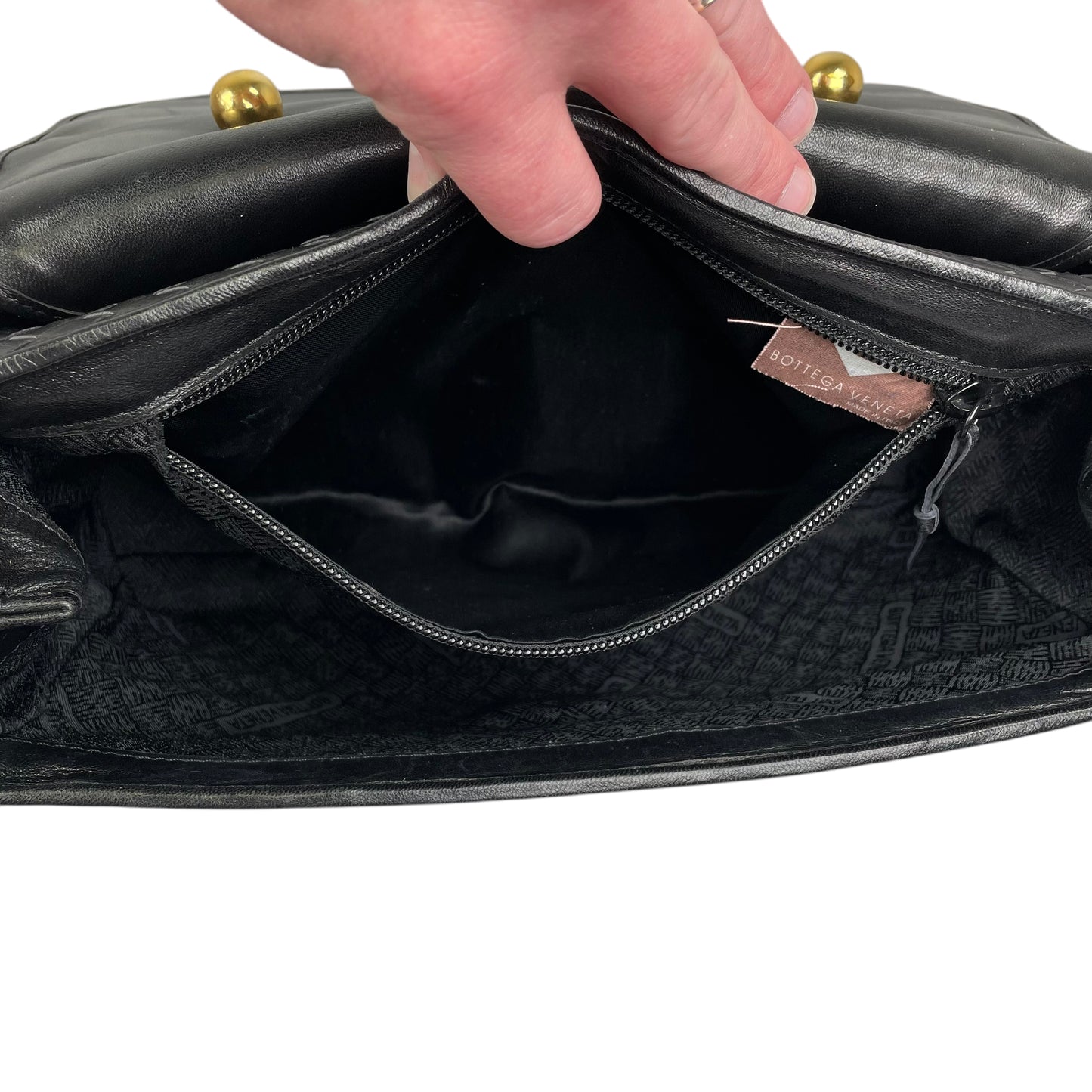 Bottega Veneta Black Intrecciato Leather Woven Top Handle Flap Turn-Lock Purse