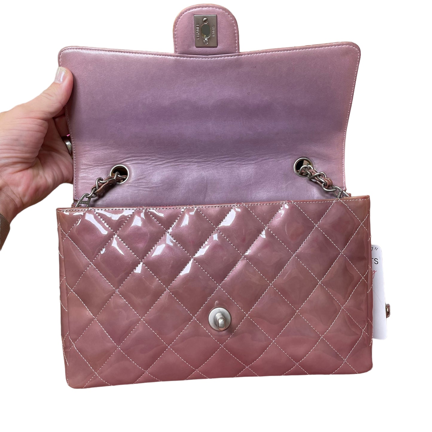 Chanel CC Purple Lilac Patent Brushed Silver Smokey Lilac Lambskin Single Flap