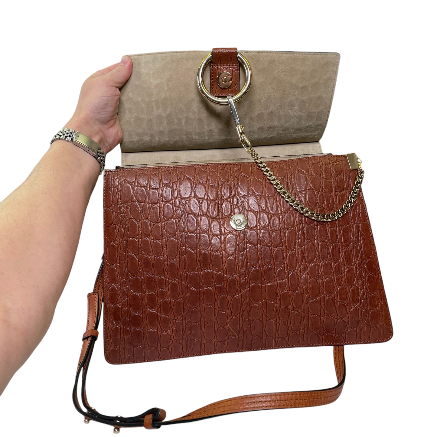 Chloe Faye Accordion Brown Croc Embossed Calfskin Two Way Flap Shoulder Purse