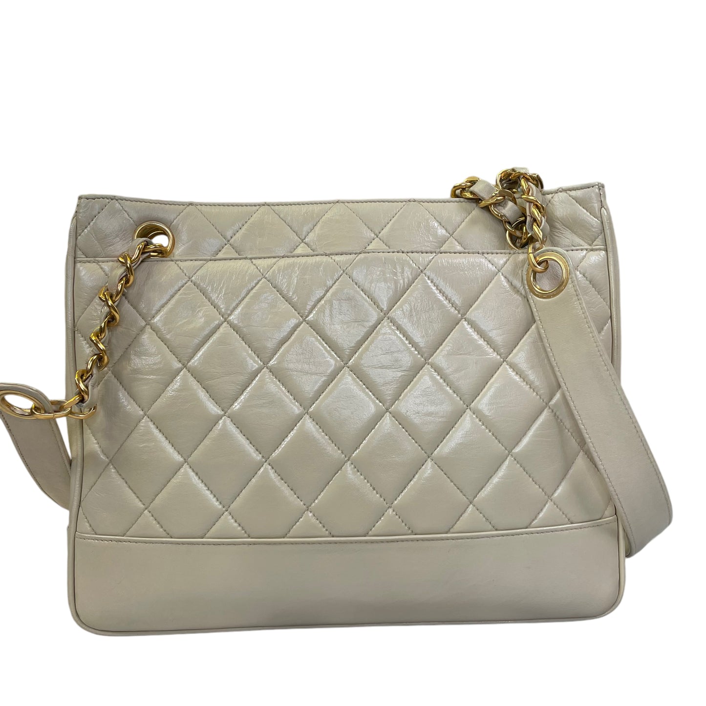 Chanel CC Matelasse Ivory Lambskin 24K Plated Chained Shoulder Three File Snap Purse
