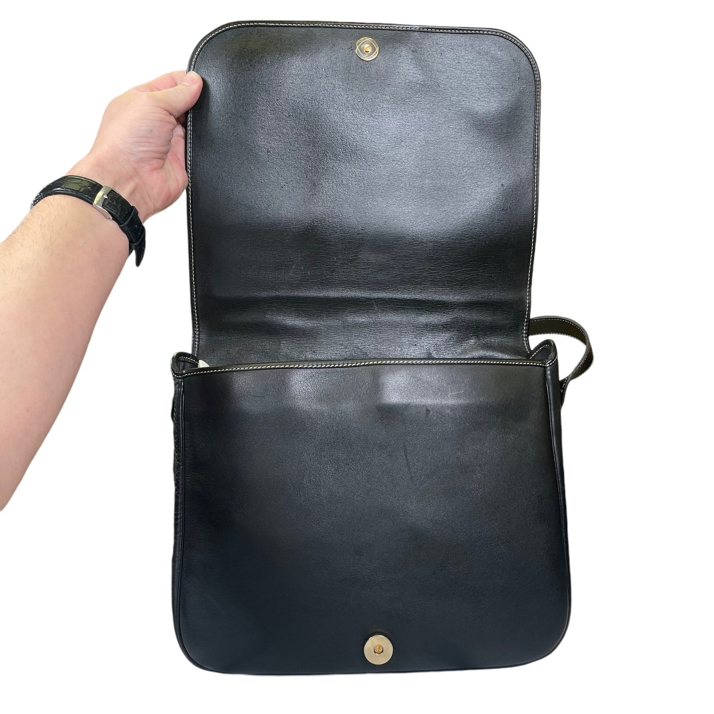 Christian Dior CD Logo Stitched Black Flap Leather Medium Crossbody Shoulder Purse