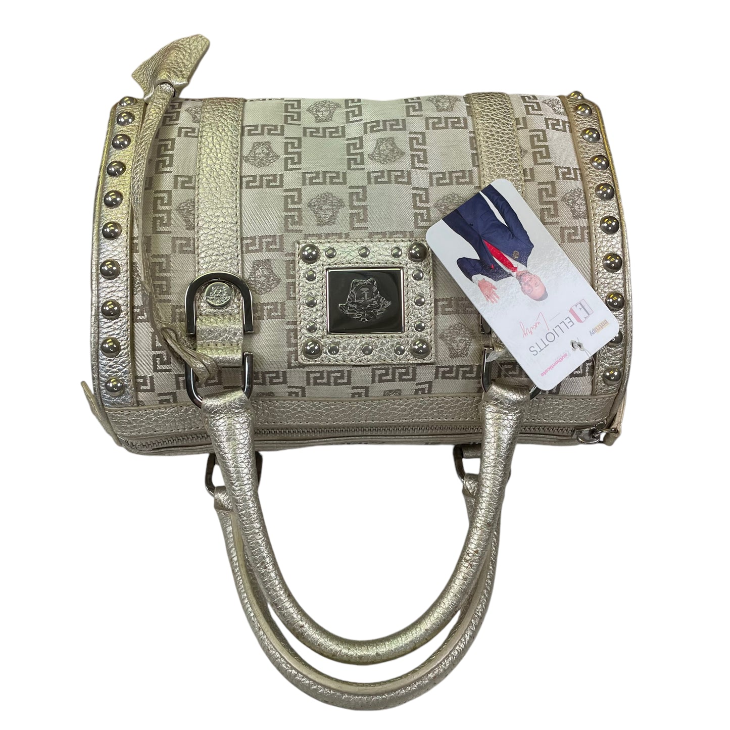 Versace Mini Snap Out of It Metallic Greek Key Jacquard Leather Boston Speedy Purse