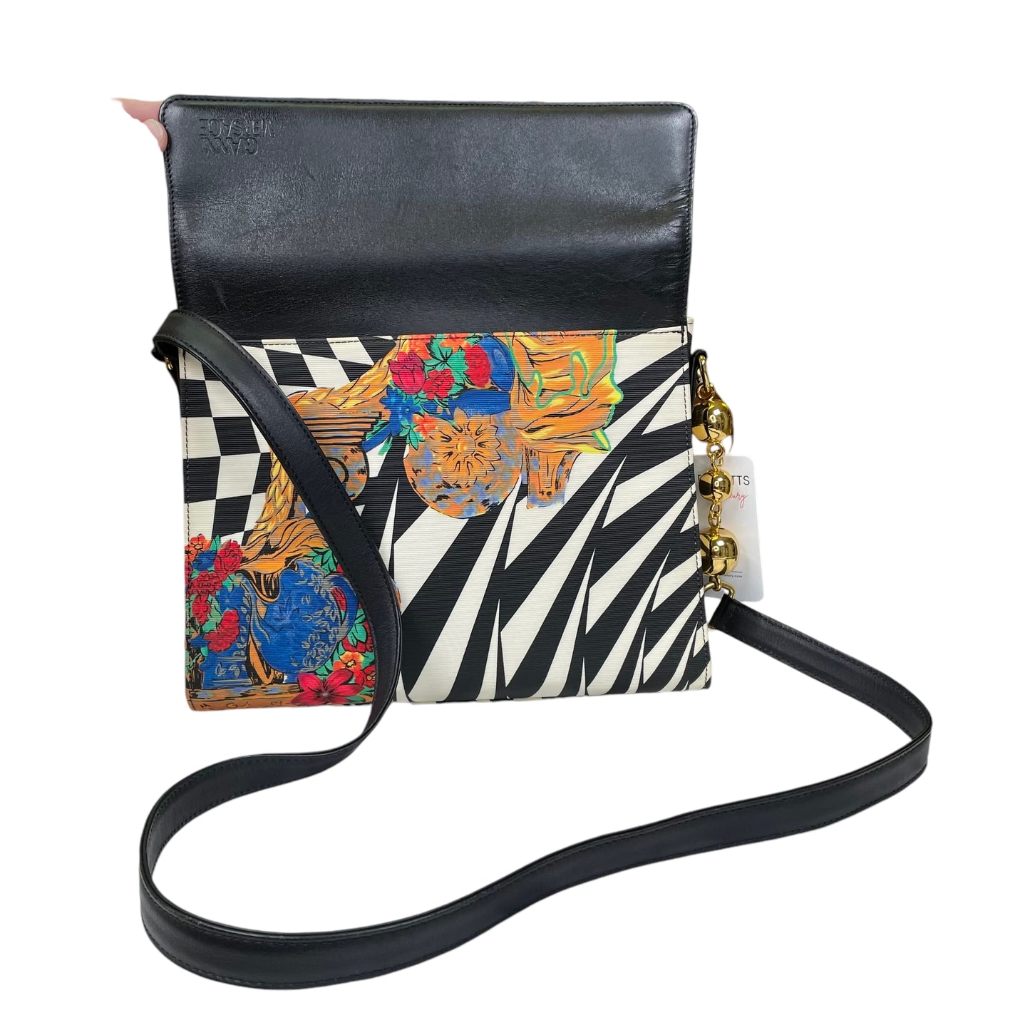 Gianni Versace Psychedelic Illusion Metallic Gold Black White Ball Printed Crossbody Shoulder Purse