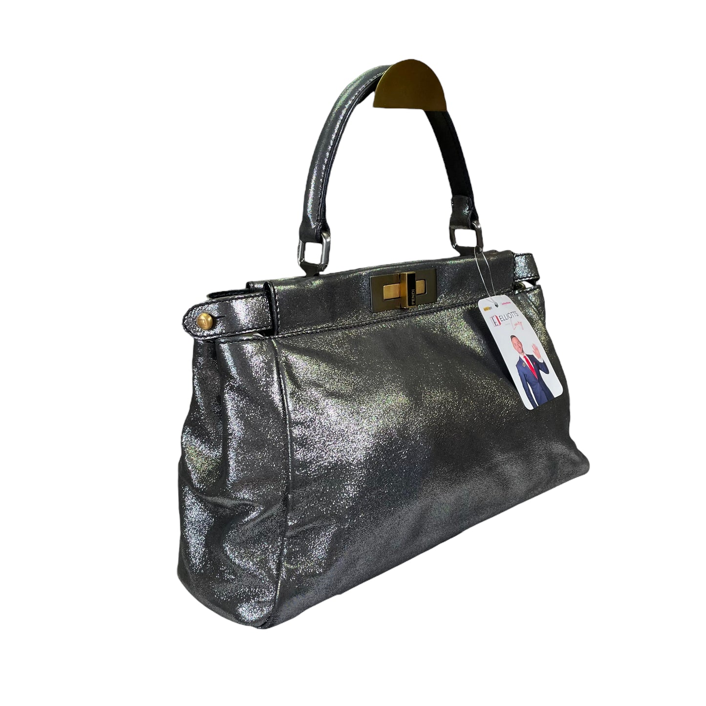 Fendi Peek A Boo Silver Glitter Shimmer Coated Canvas North South 2 Way Top Handle Shoulder Purse