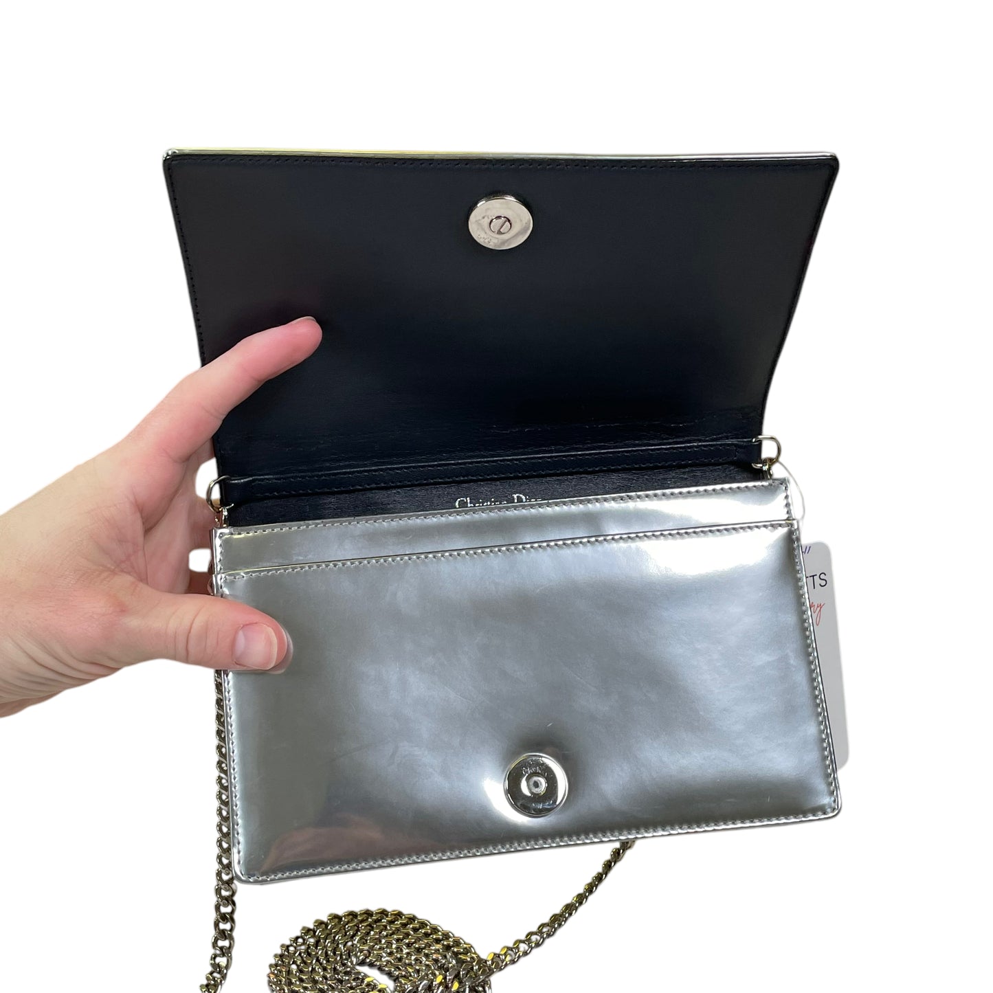 Christian Diorama Micro Silver Mini Clutch Chain Flap 2 Way Metallic Shoulder Purse