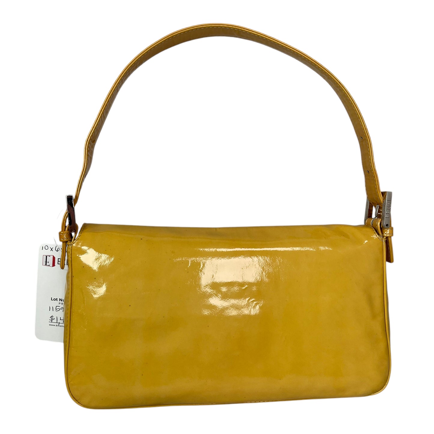 Fendi FF Mustard Yellow Classic Baguette Patent Leather Silver Shoulder Purse