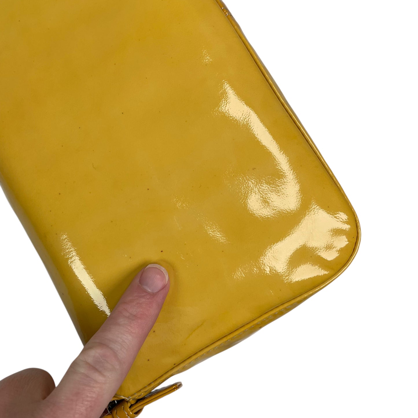 Fendi FF Mustard Yellow Classic Baguette Patent Leather Silver Shoulder Purse