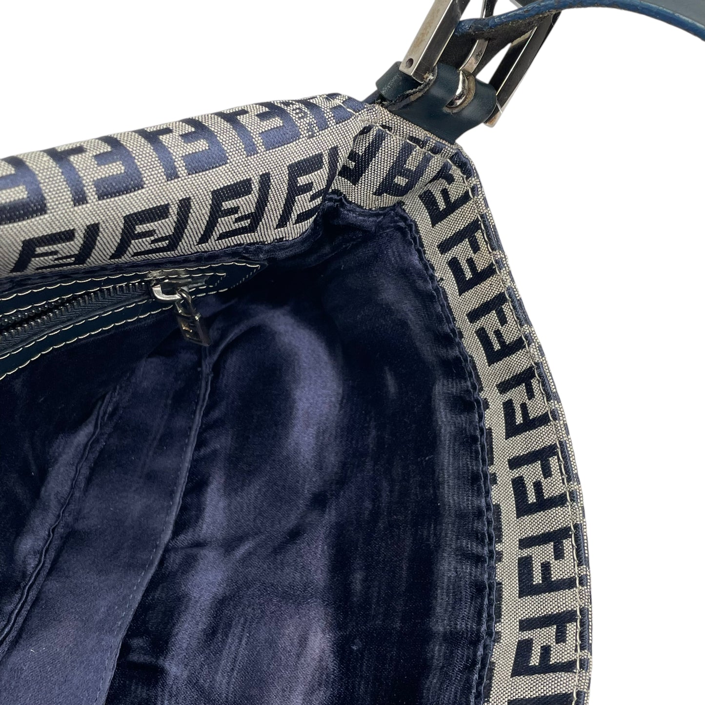 Fendi Classic Baguette Zucchino Navy Canvas Silver Leather Shoulder Purse
