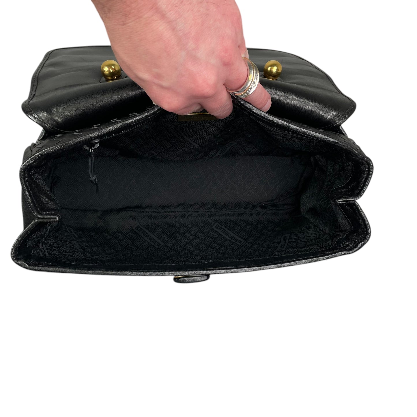 Bottega Veneta Black Intrecciato Leather Woven Top Handle Flap Turn-Lock Purse