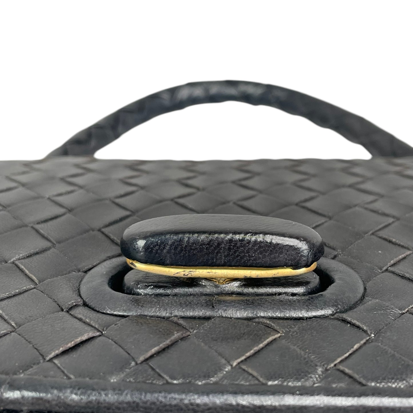 Bottega Veneta Black Intrecciato Leather Woven Top Handle Flap Turn-Lock Purse