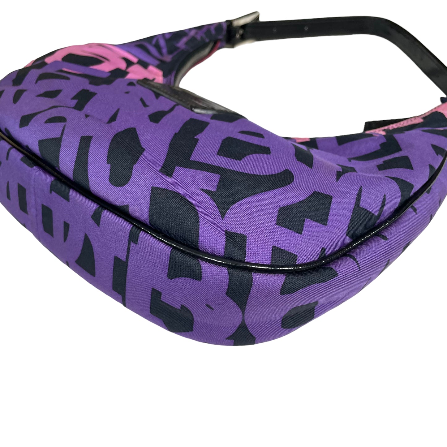 Fendi FF Croissant Graffiti Monogram Purple Black Patent Leather Sterling Shoulder Purse