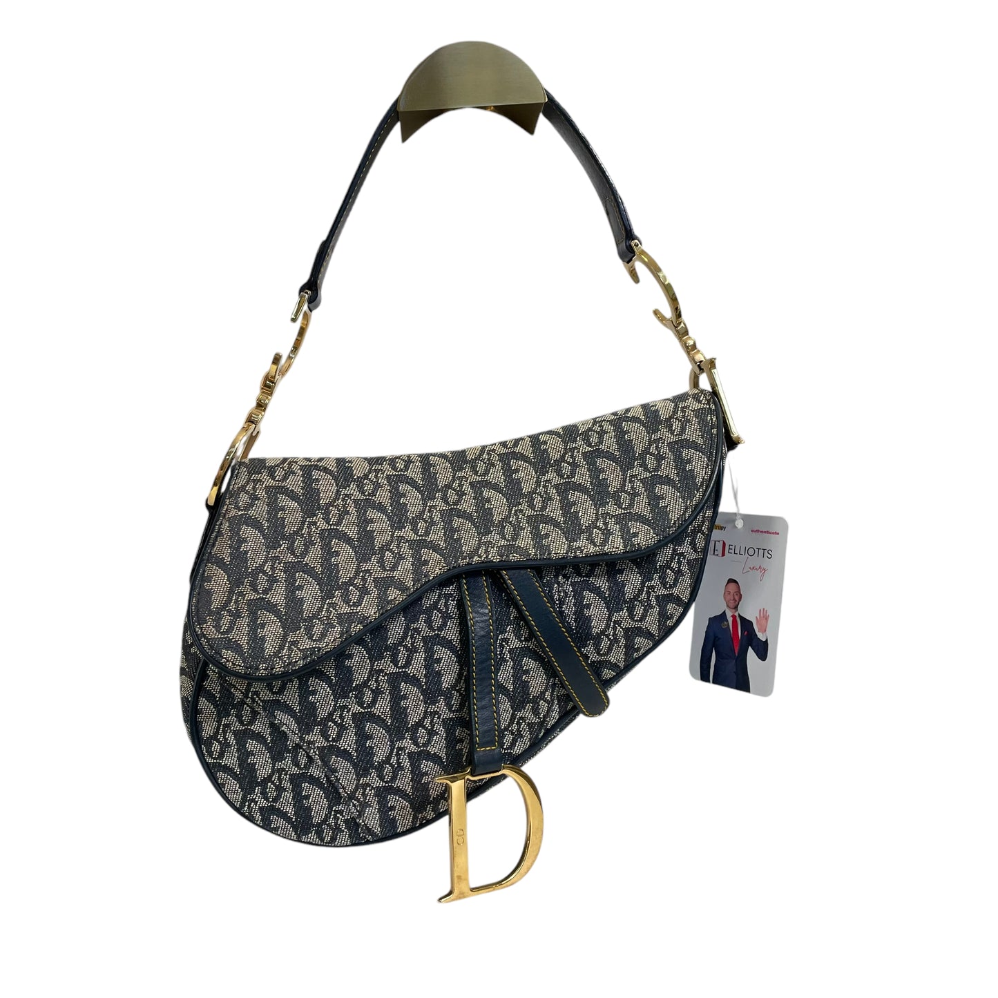 Christian Dior Oblique Classic Navy Trotter Monogram Gold Saddle Flap Shoulder Bag