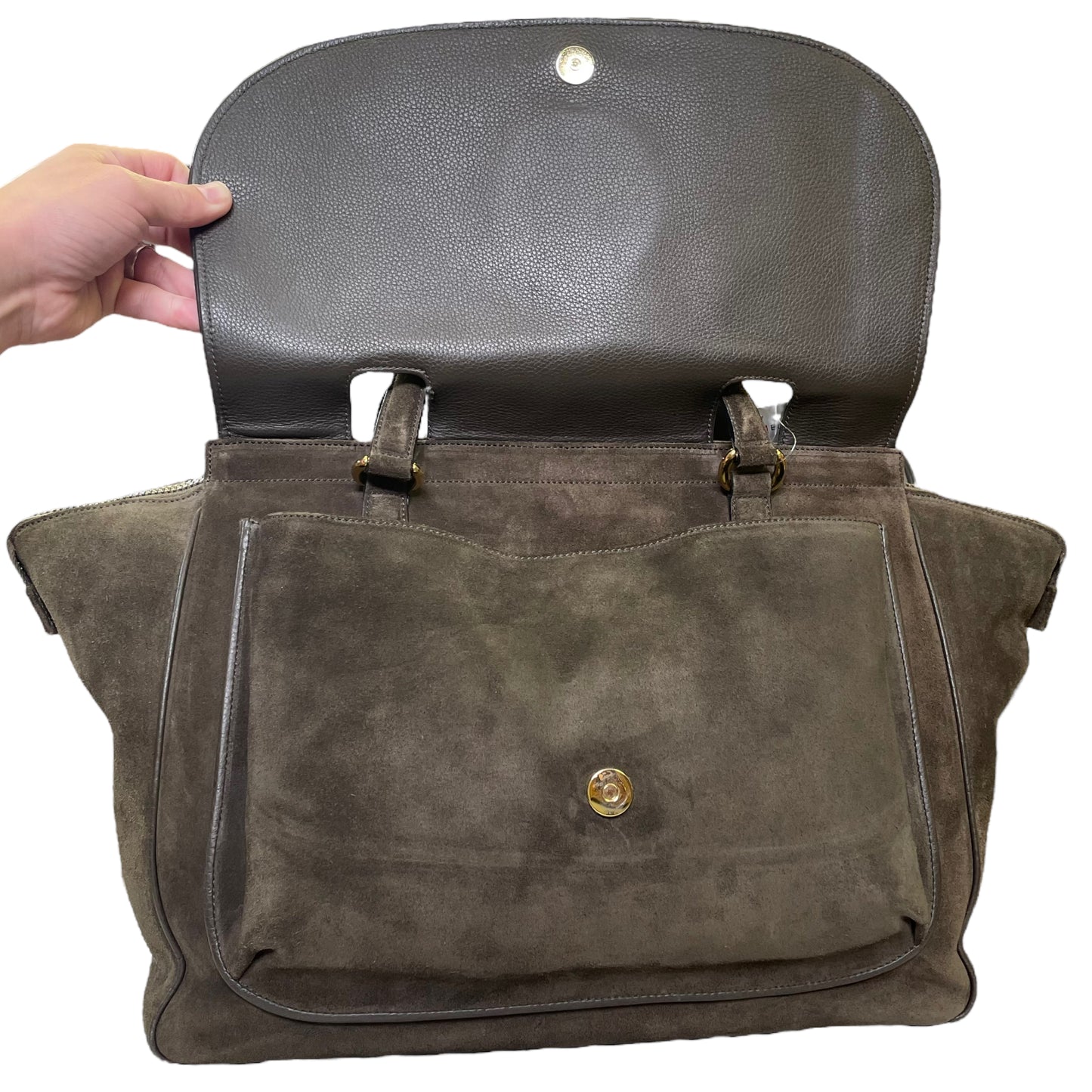 Gucci GG 1973 Top Handle Blondie XL Brown Suede Flap Satchel Travel Boston Bag