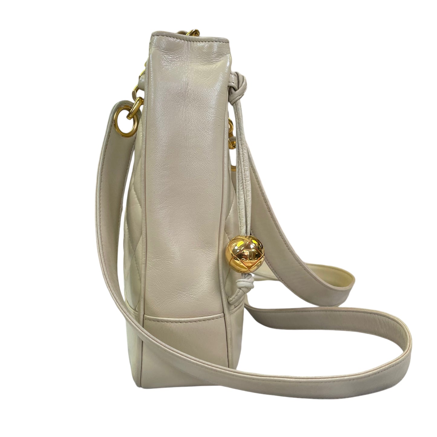Chanel CC Matelasse Ivory Lambskin 24K Plated Chained Shoulder Three File Snap Purse