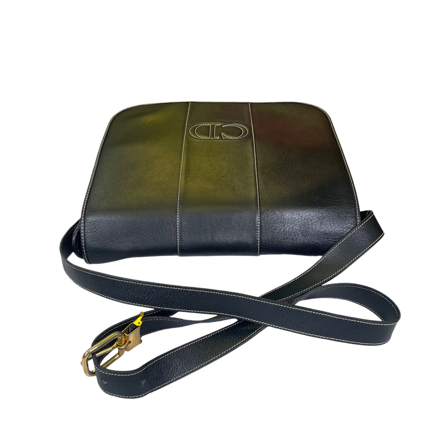 Christian Dior CD Logo Stitched Black Flap Leather Medium Crossbody Shoulder Purse