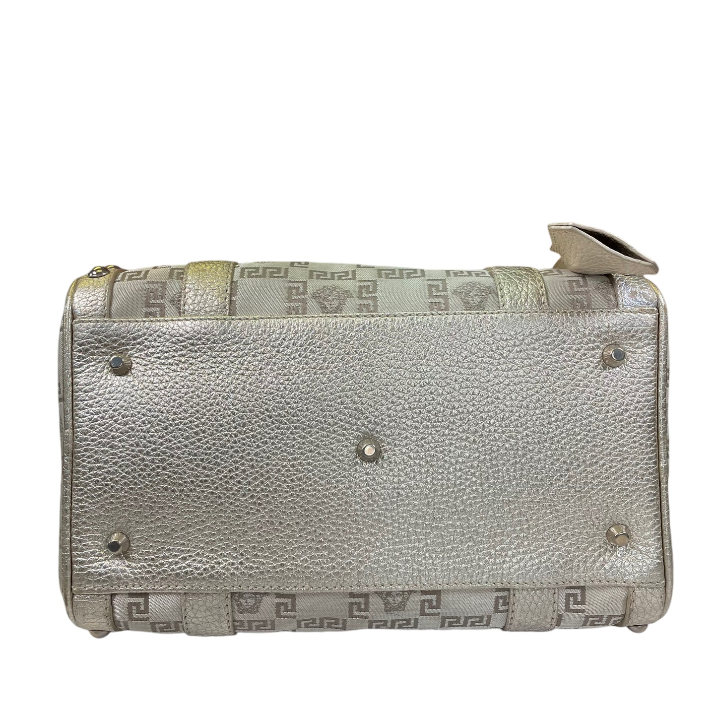 Versace Mini Snap Out of It Metallic Greek Key Jacquard Leather Boston Speedy Purse