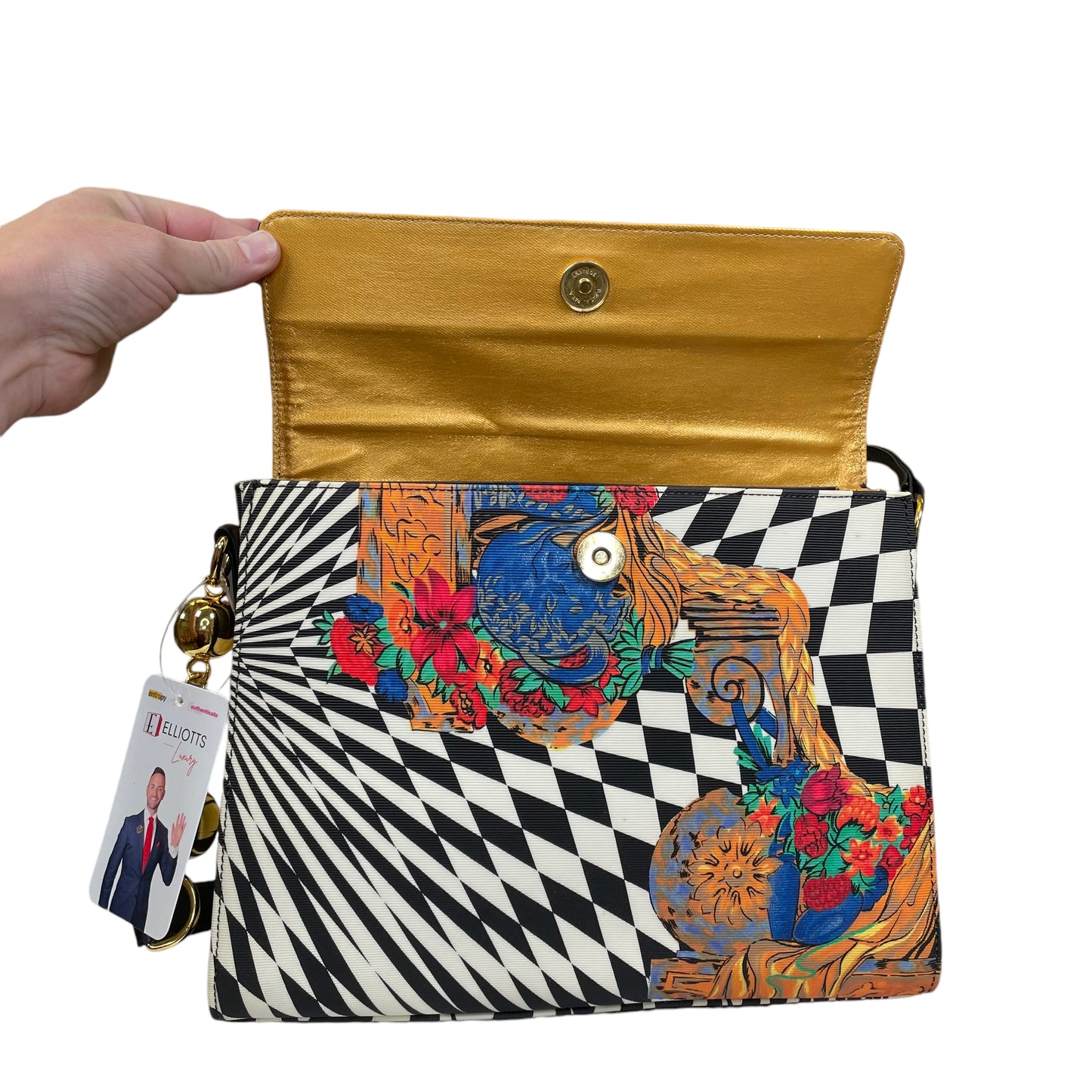 Gianni Versace Psychedelic Illusion Metallic Gold Black White Ball Printed Crossbody Shoulder Purse