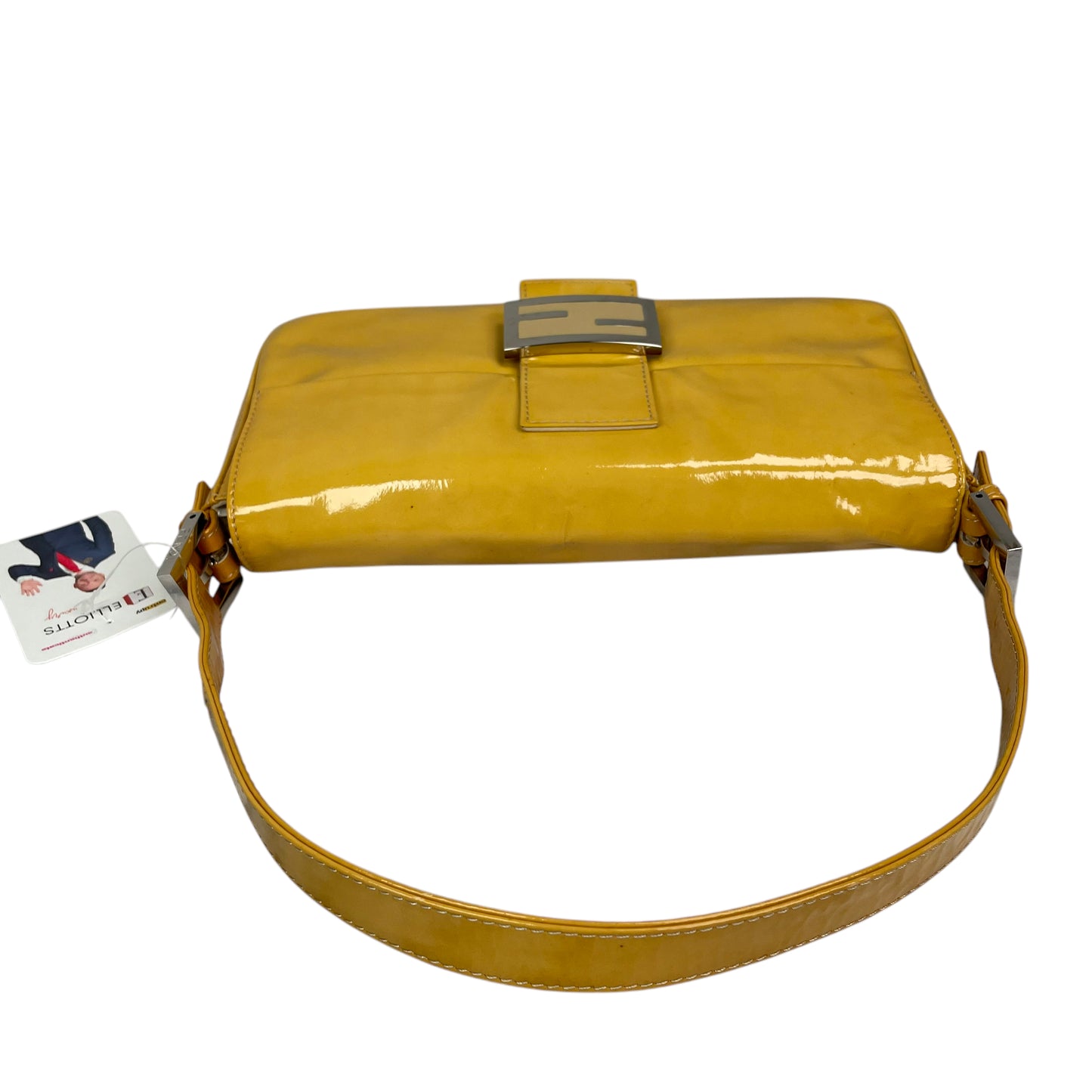 Fendi FF Mustard Yellow Classic Baguette Patent Leather Silver Shoulder Purse