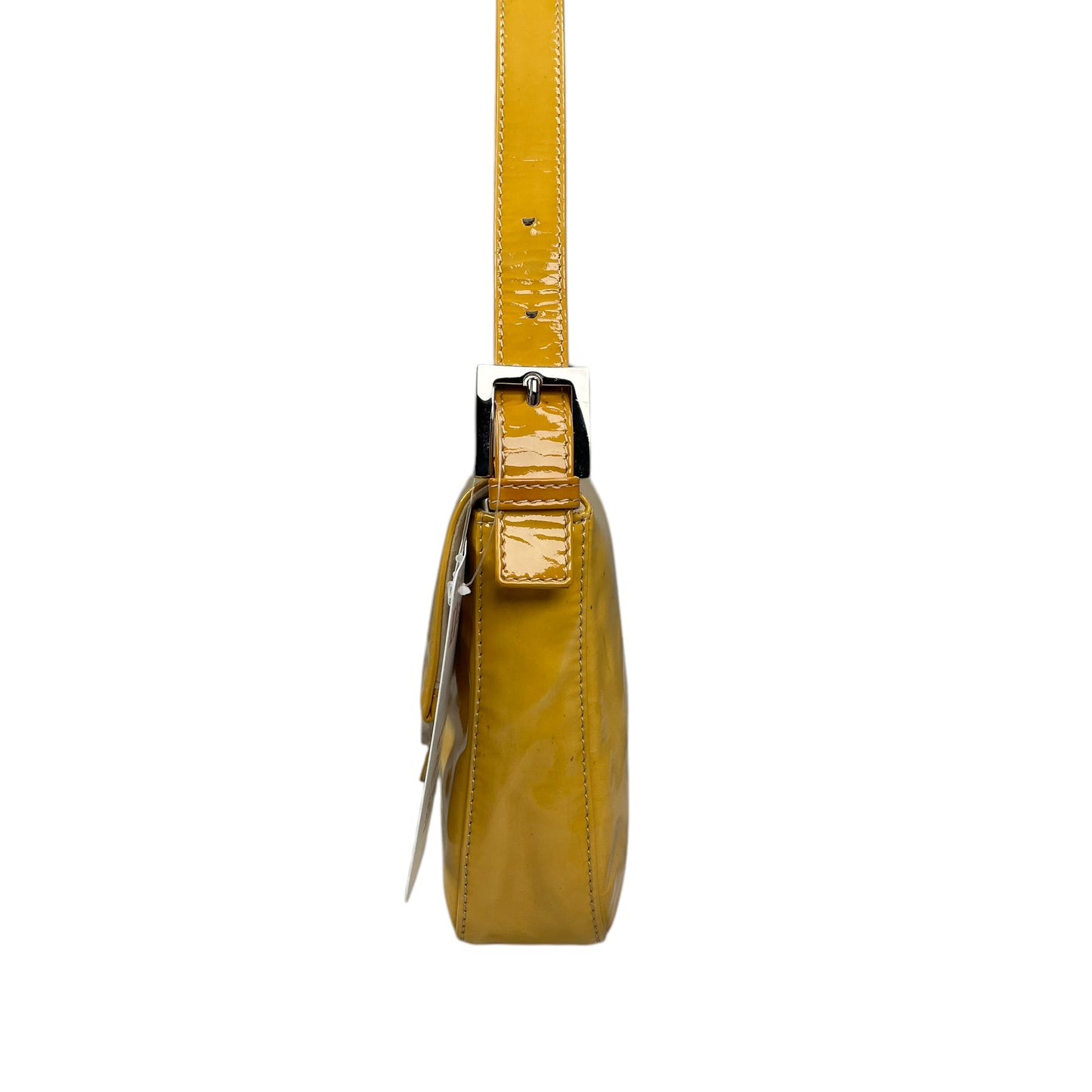 Fendi FF Mustard Yellow Classic Baguette Patent Leather Silver Shoulder Purse