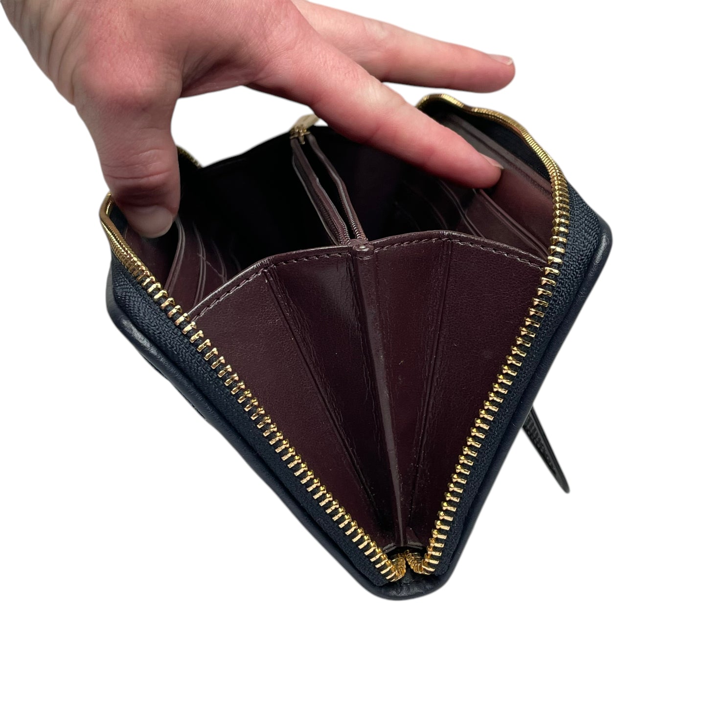 Coach Madison Denim Twist Long Navy Blue Leather Gold Trim Zip Around Wallet
