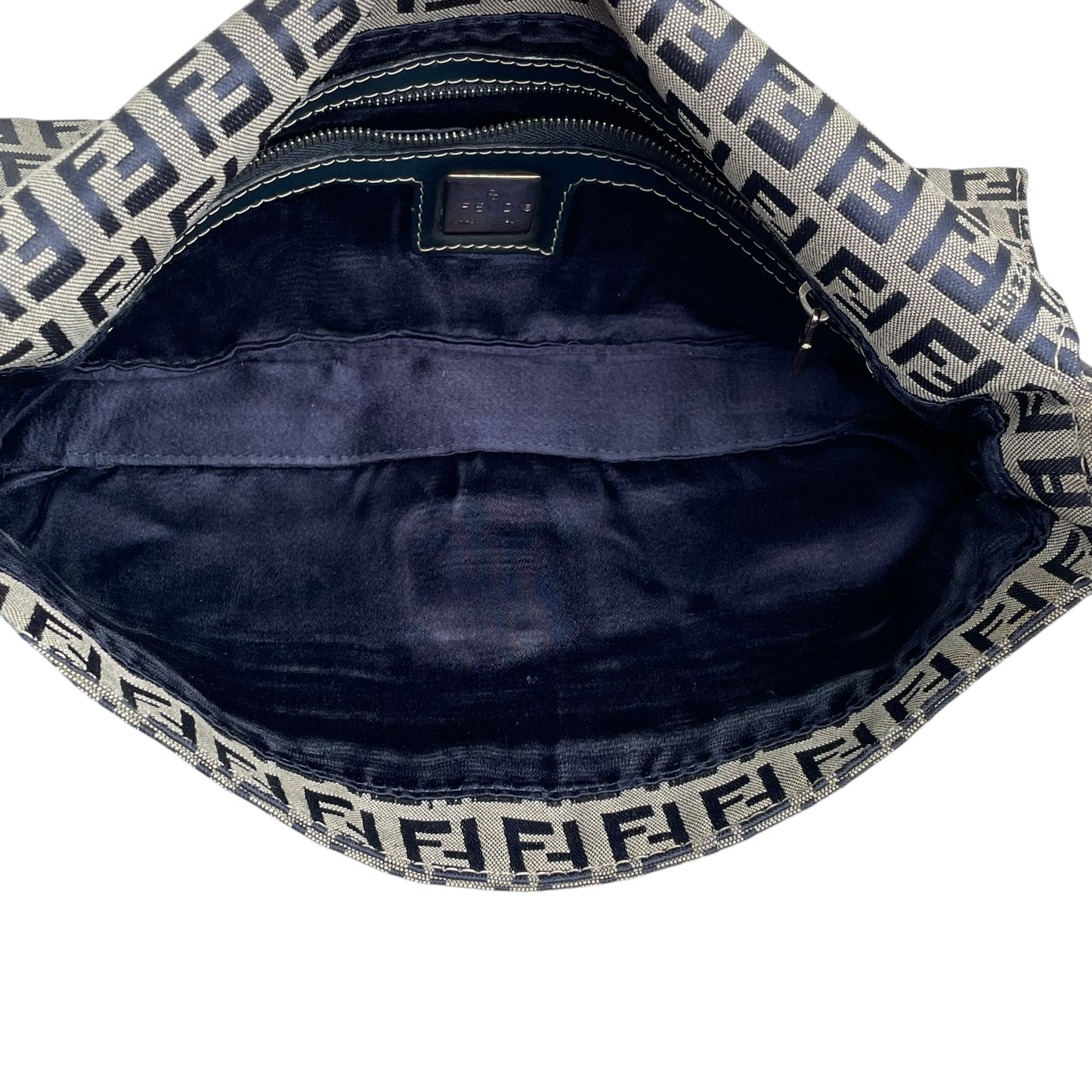 Fendi Classic Baguette Zucchino Navy Canvas Silver Leather Shoulder Purse