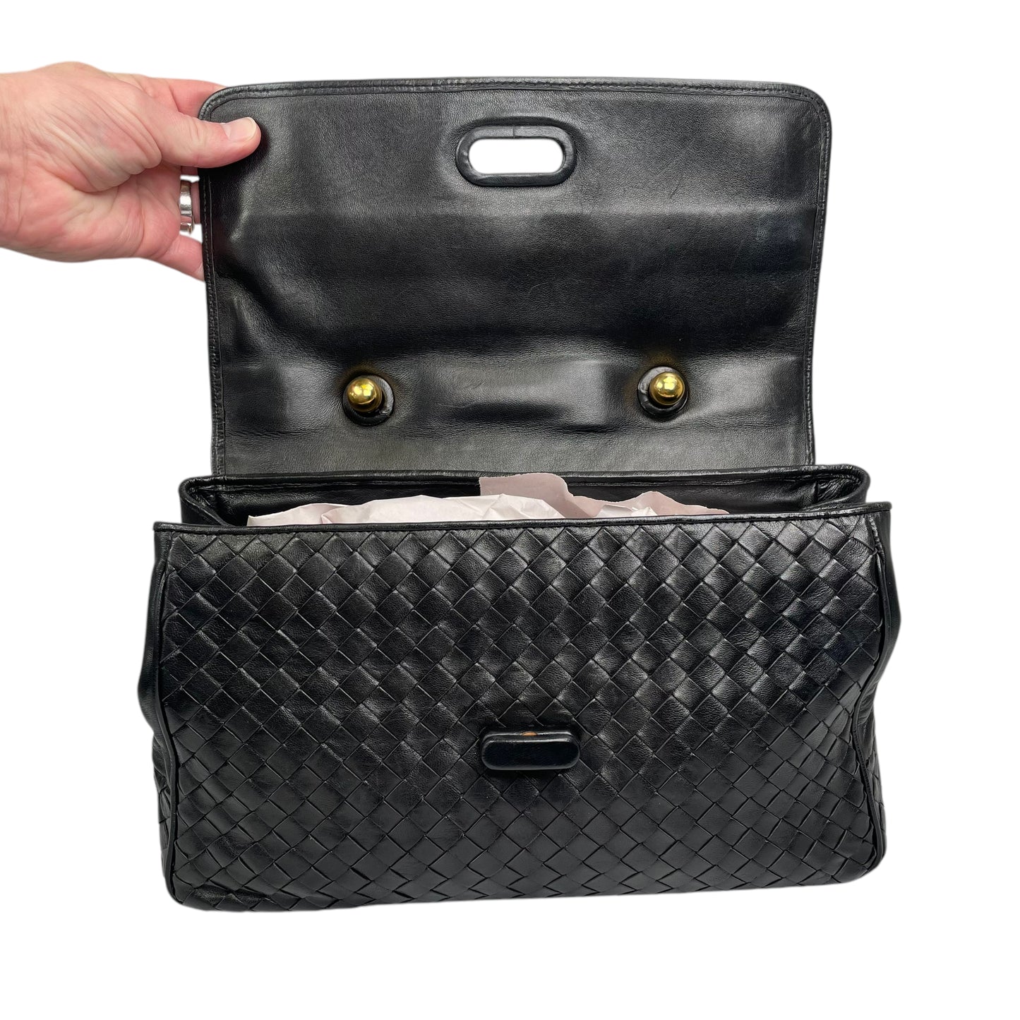 Bottega Veneta Black Intrecciato Leather Woven Top Handle Flap Turn-Lock Purse