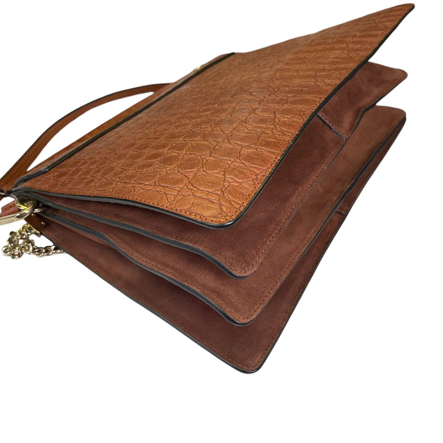 Chloe Faye Accordion Brown Croc Embossed Calfskin Two Way Flap Shoulder Purse