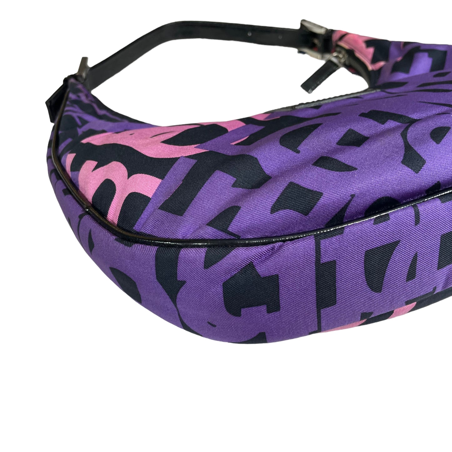 Fendi FF Croissant Graffiti Monogram Purple Black Patent Leather Sterling Shoulder Purse