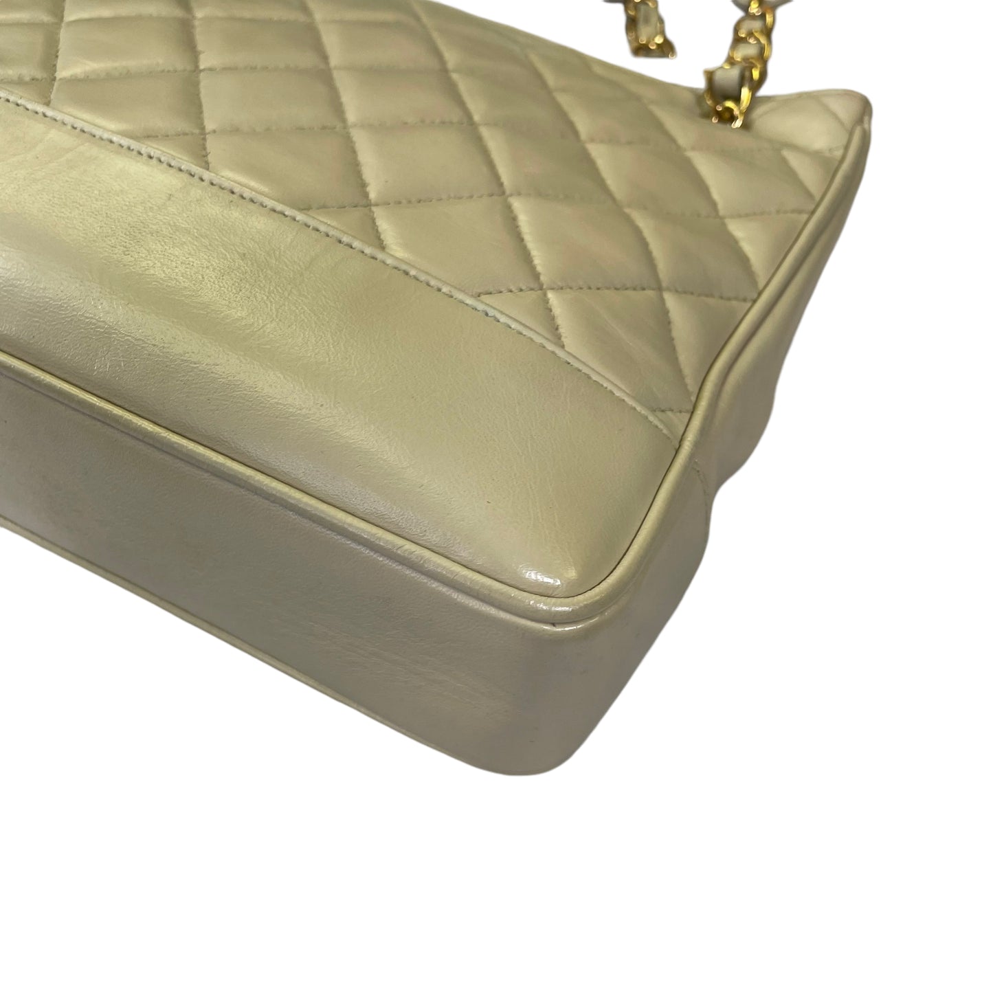 Chanel CC Matelasse Ivory Lambskin 24K Plated Chained Shoulder Three File Snap Purse