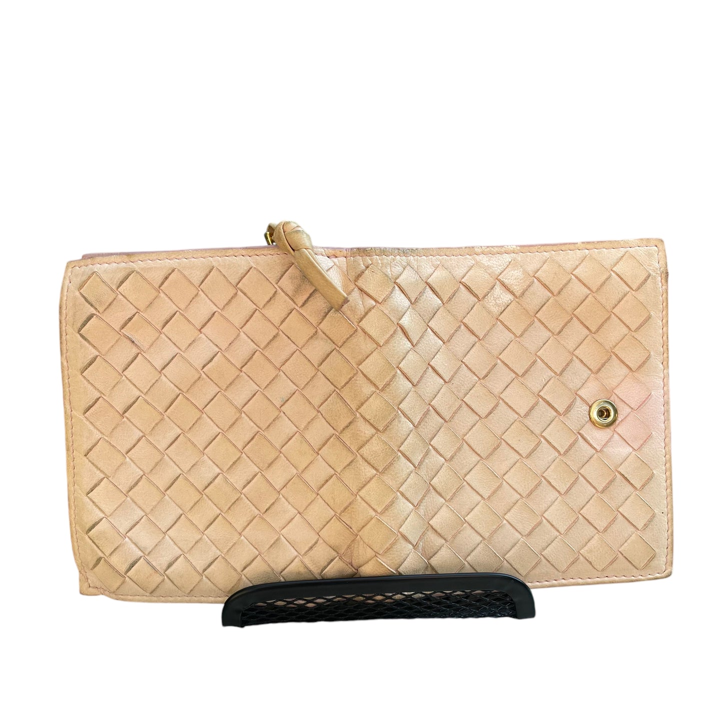 Bottega Veneta Pink Cream Cash Card Zip Coin Woven Bi Fold Snap Wallet