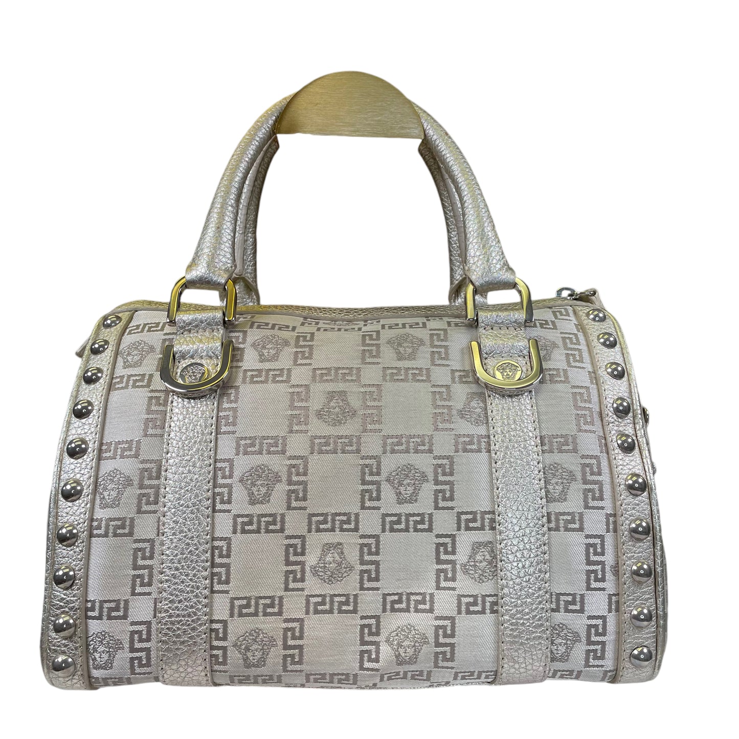 Versace Mini Snap Out of It Metallic Greek Key Jacquard Leather Boston Speedy Purse