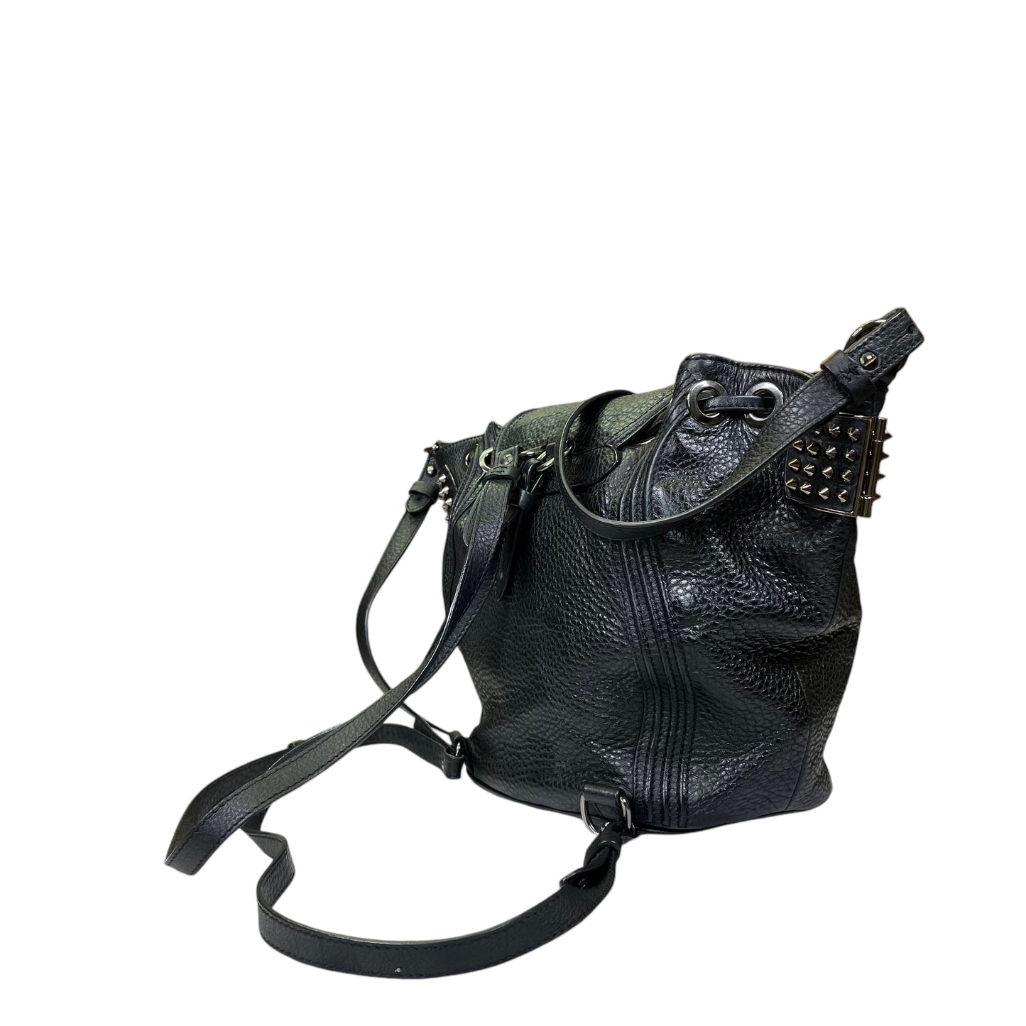 Christian Louboutin Drawstring Snap Backpack Stainless Studded Bucket Shoulder Crossbody 3 Way Purse