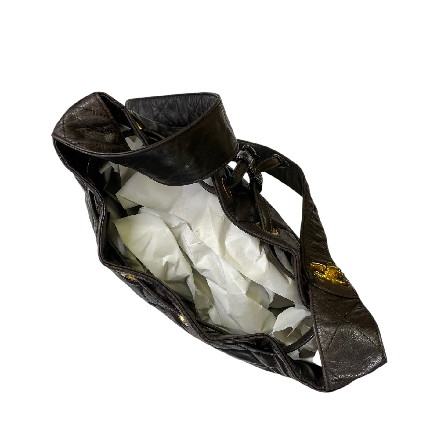 Chanel CC Gabrielle Dark Brown Quilted Lamb Leather Shoulder Hobo Drawstring Shoulder Purse