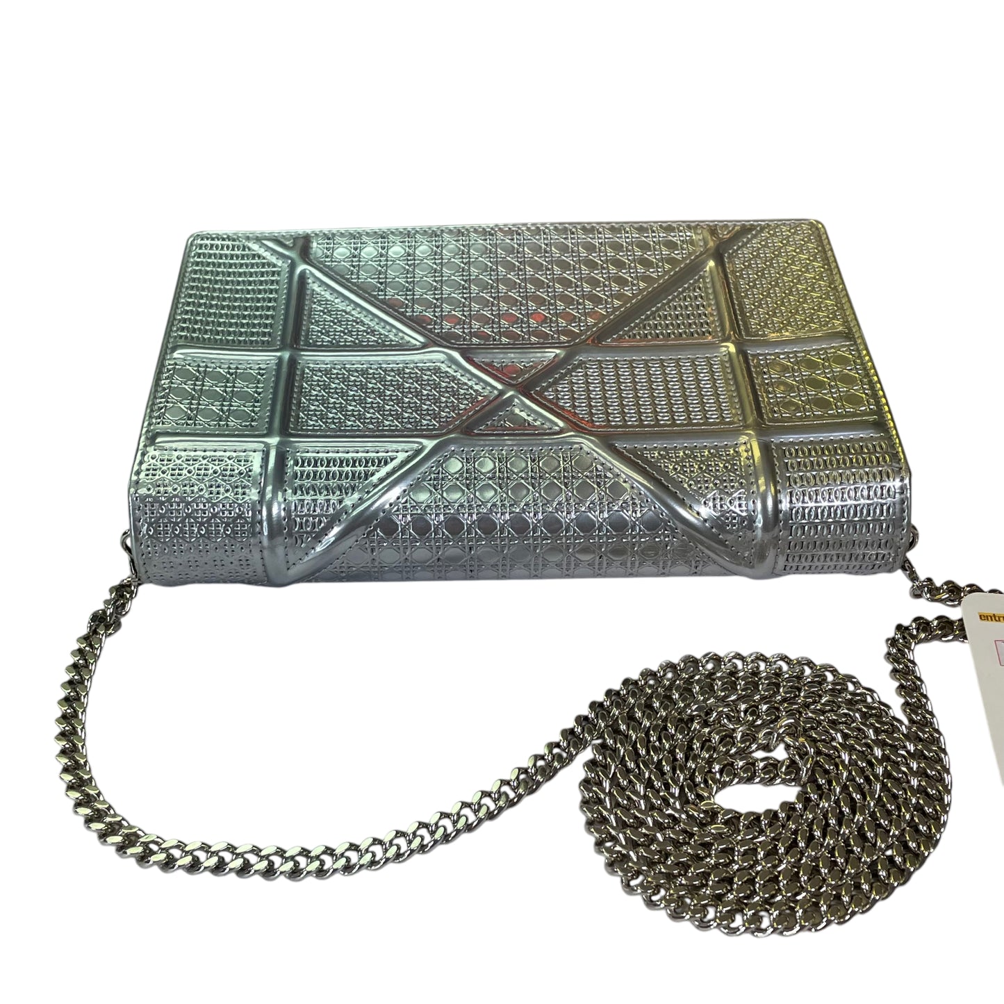Christian Diorama Micro Silver Mini Clutch Chain Flap 2 Way Metallic Shoulder Purse