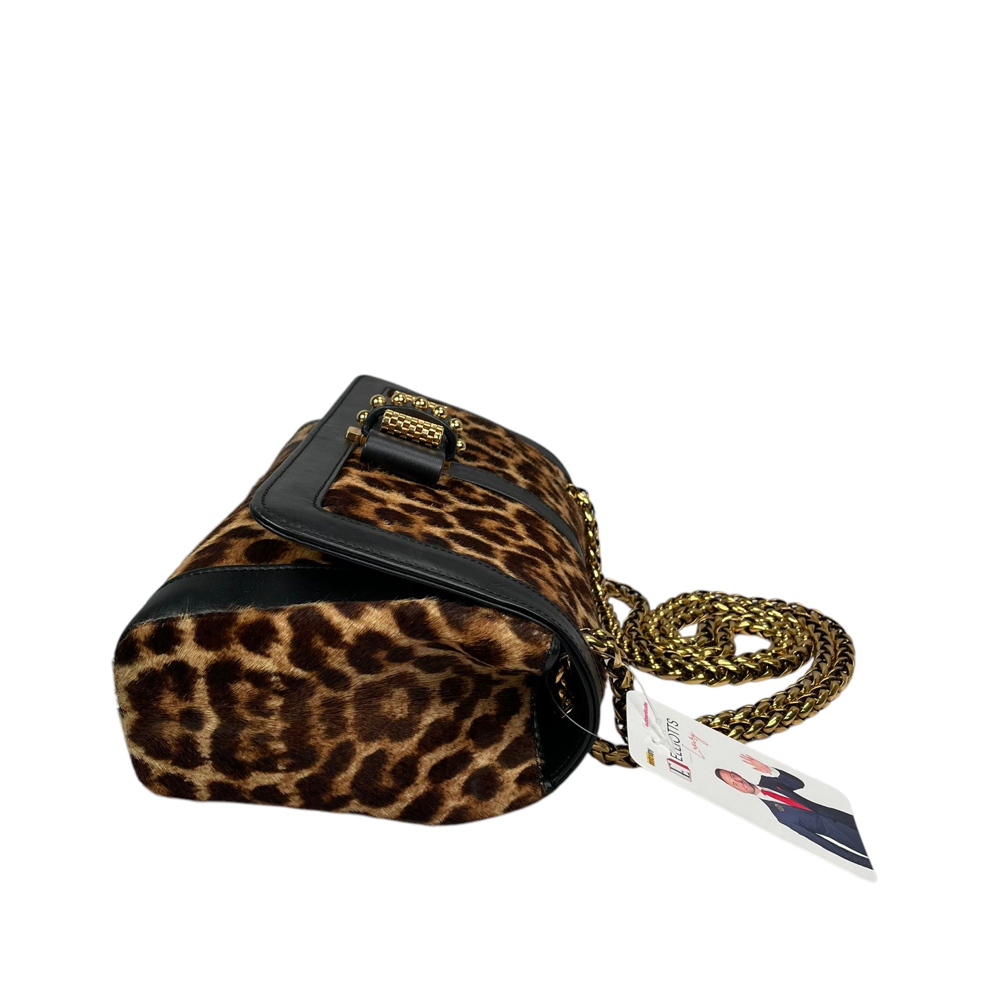 Christian Louboutin Bow Studded Cheetah Leopard 2-Way Flap Leather Black Gold Medium