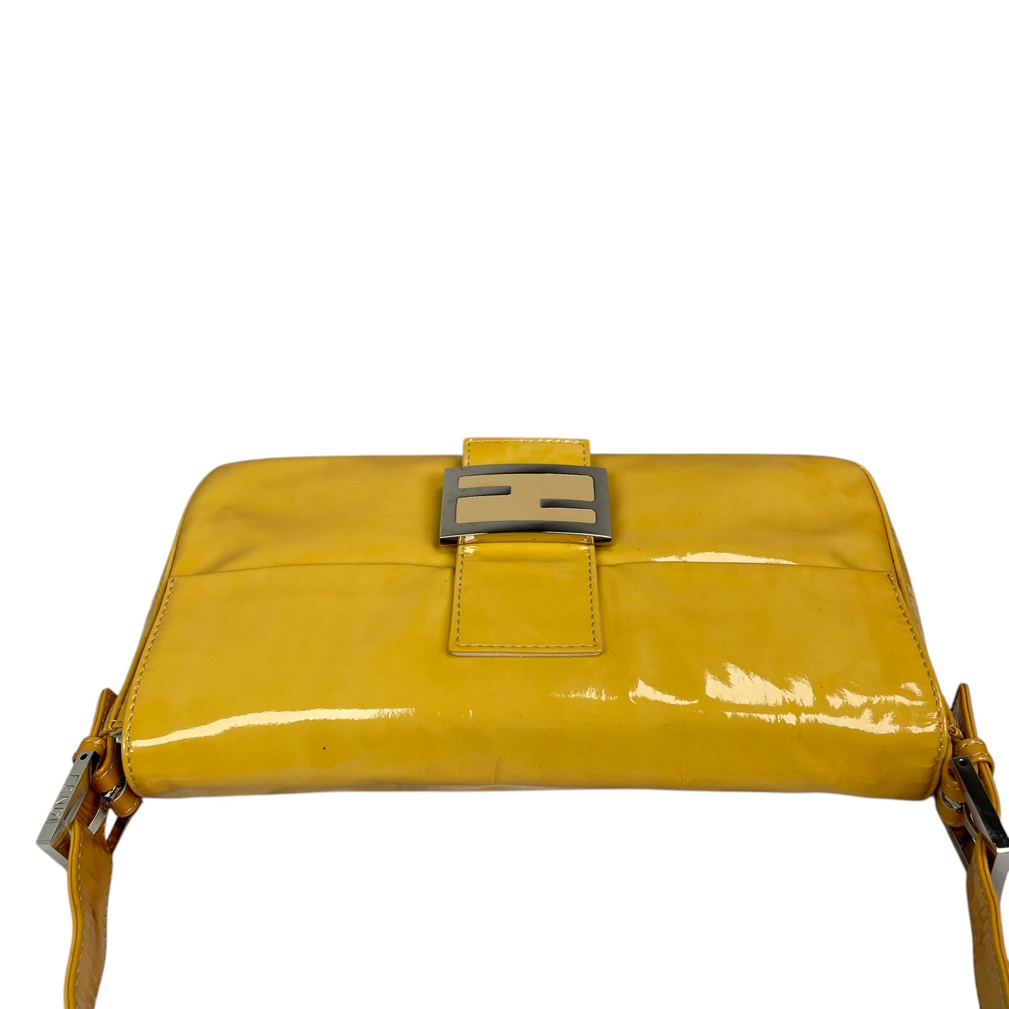 Fendi FF Mustard Yellow Classic Baguette Patent Leather Silver Shoulder Purse