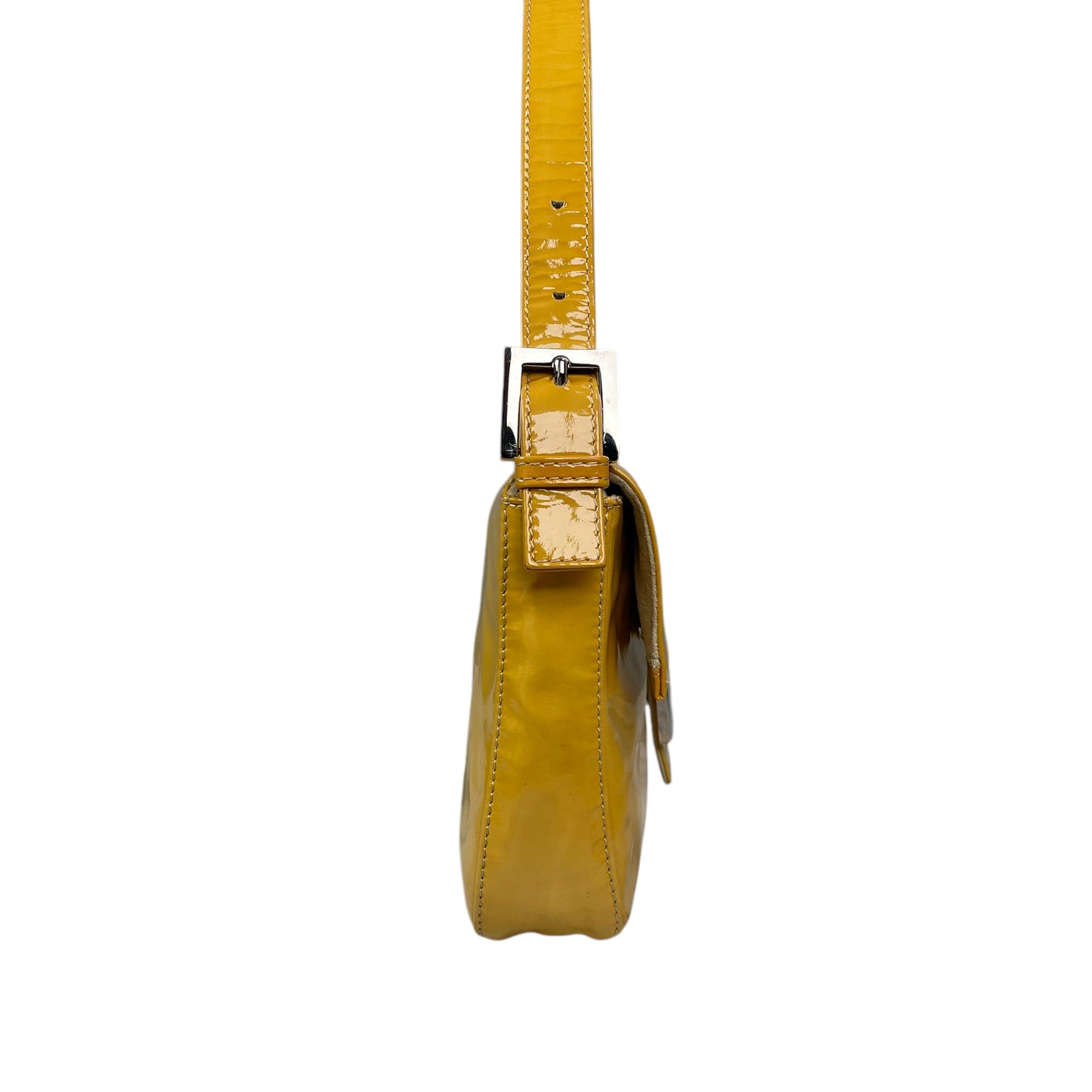 Fendi FF Mustard Yellow Classic Baguette Patent Leather Silver Shoulder Purse