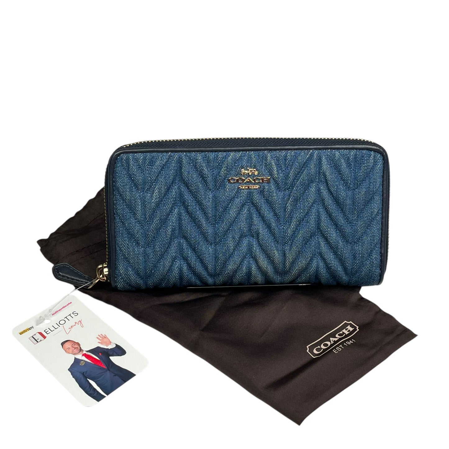 Coach Madison Denim Twist Long Navy Blue Leather Gold Trim Zip Around Wallet