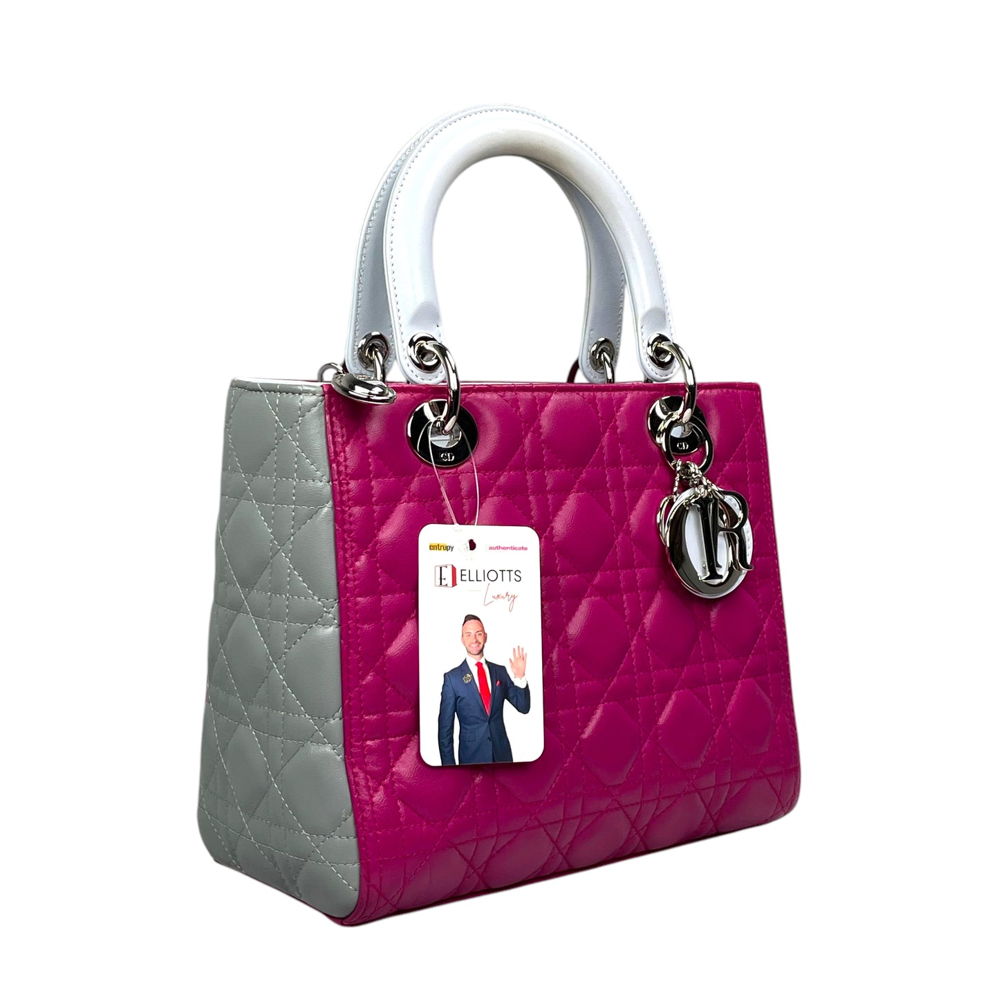 Christian Dior Lady Dior Cannage Limited Tri-Color Magenta Pale Blue Gray Purse