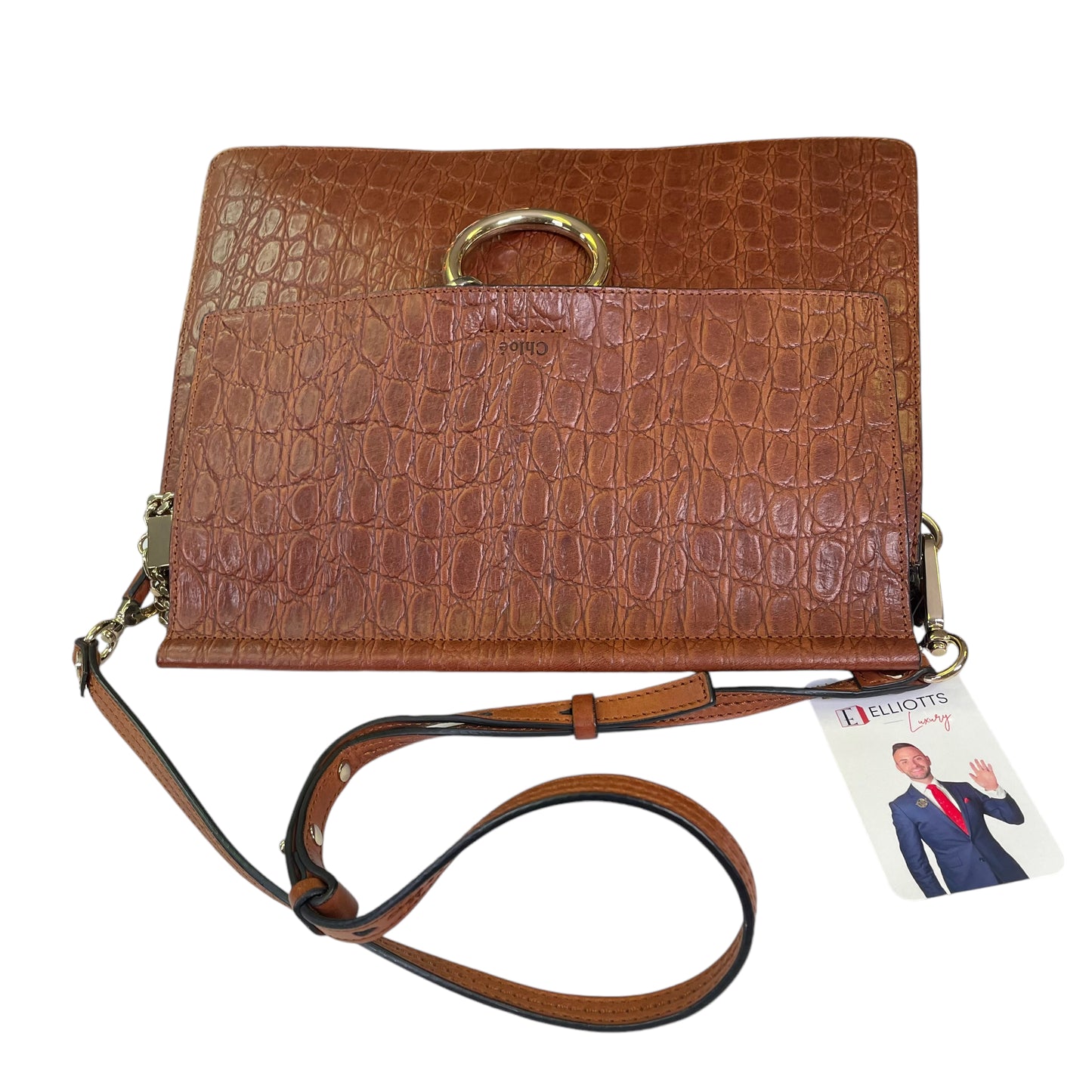 Chloe Faye Accordion Brown Croc Embossed Calfskin Two Way Flap Shoulder Purse