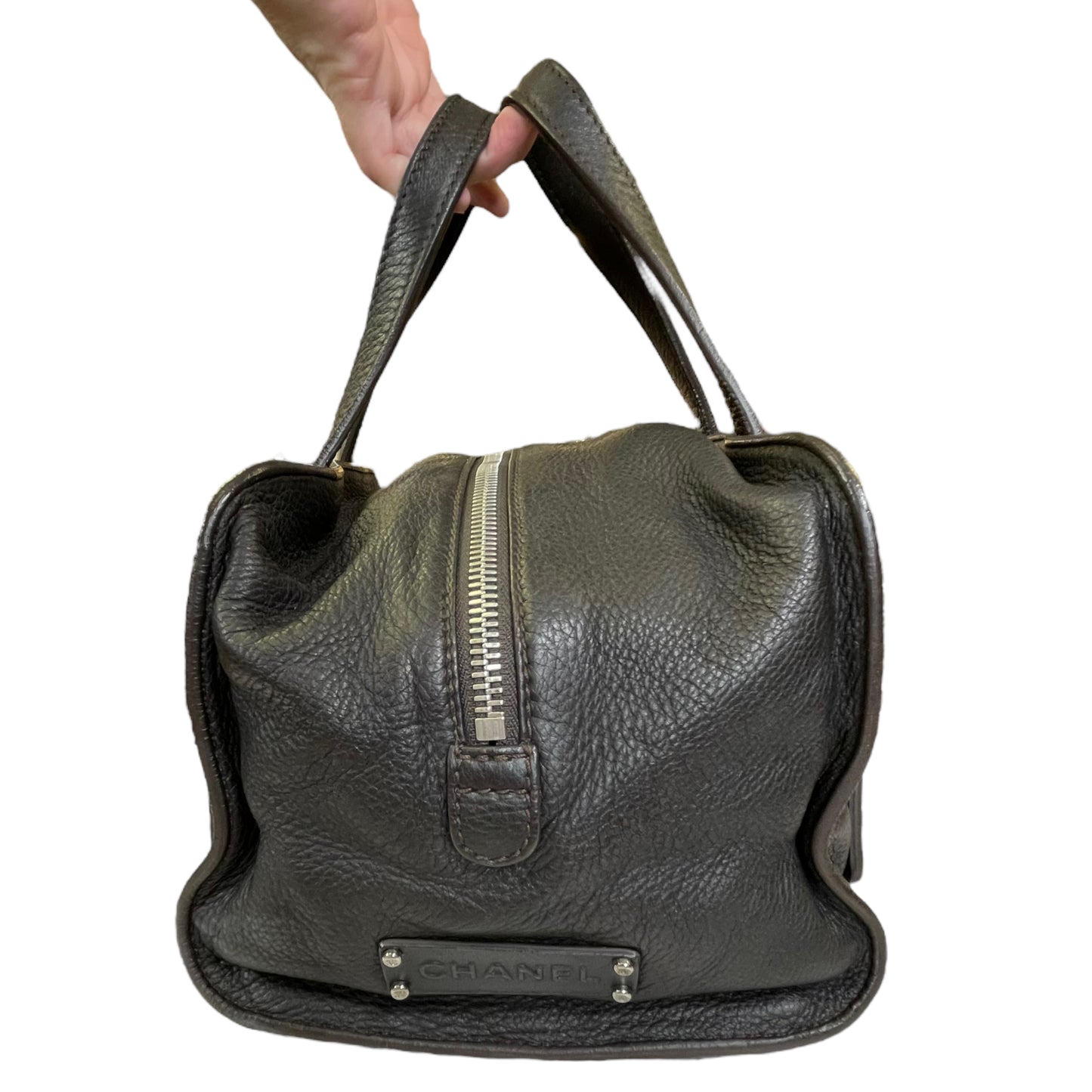 Chanel CC Deerskin Bowler Boston Dark Brown Studded Bolt Tote Hand Bag